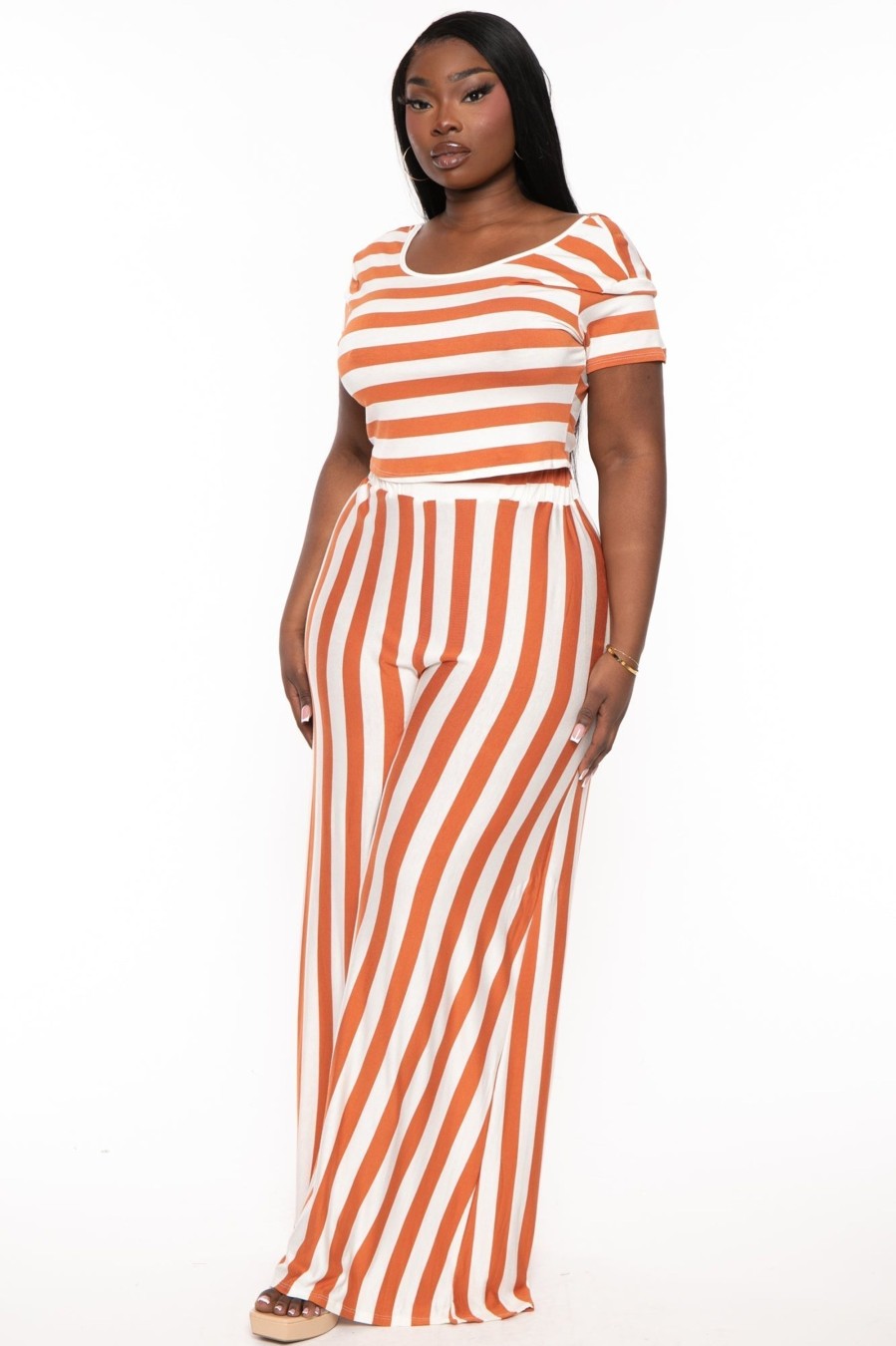 Matching Sets Veveret | Plus Size Stripped Crop Top And Flare Pants Set Copper