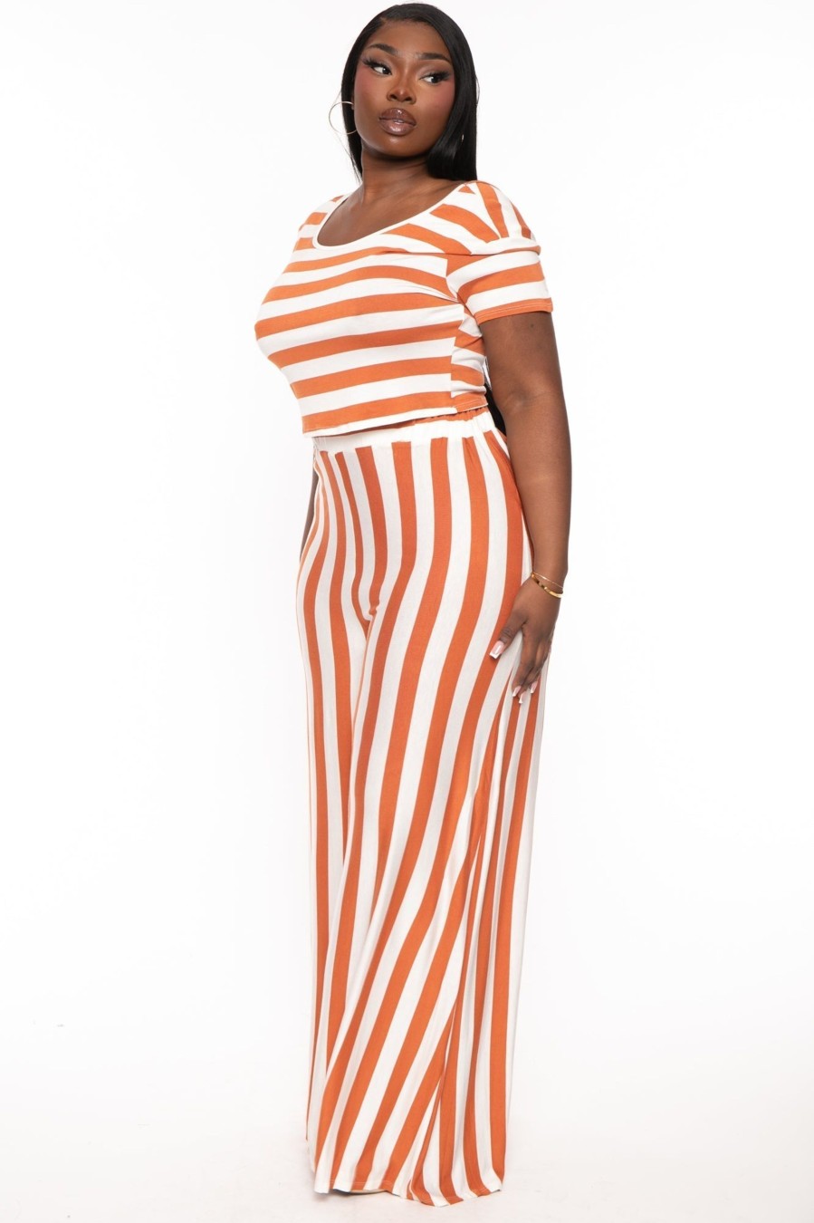 Matching Sets Veveret | Plus Size Stripped Crop Top And Flare Pants Set Copper