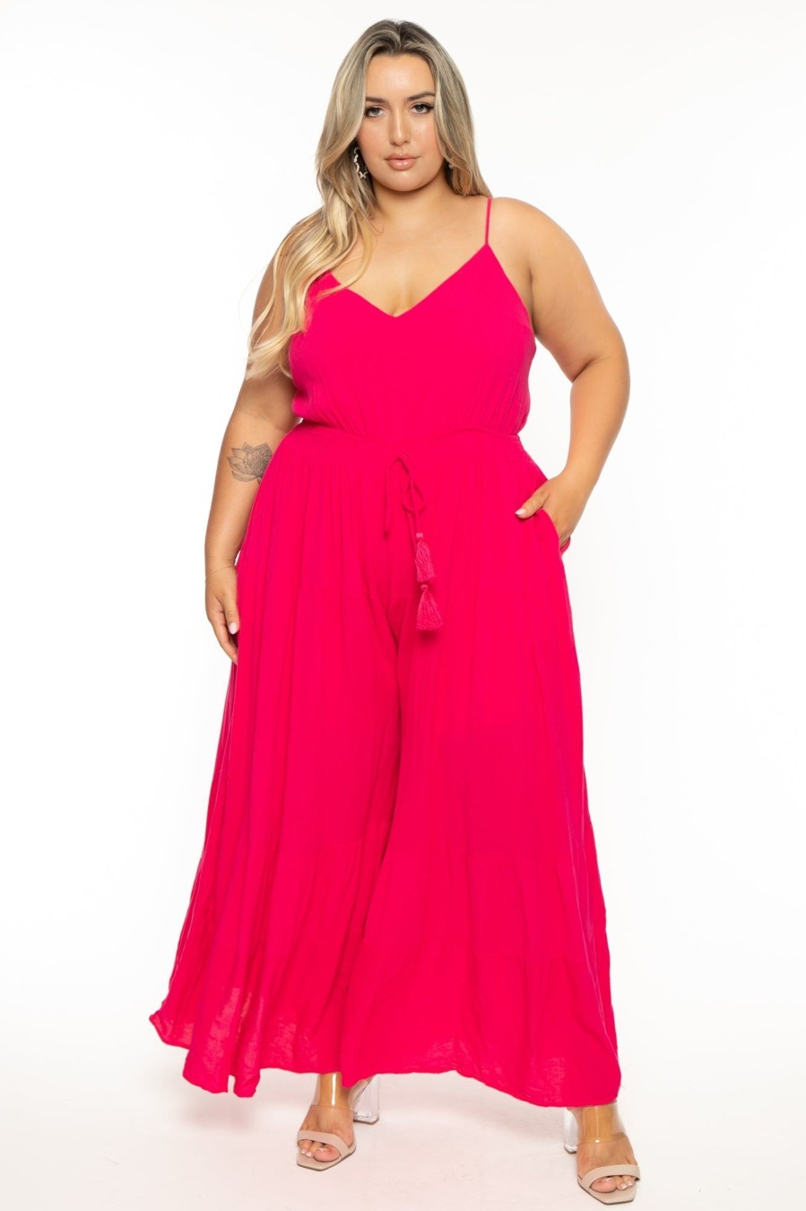 Jumpsuits & Rompers Davi u0026 Dani | Plus Size Kyra Flare Leg Jumpsuit Hot Pink