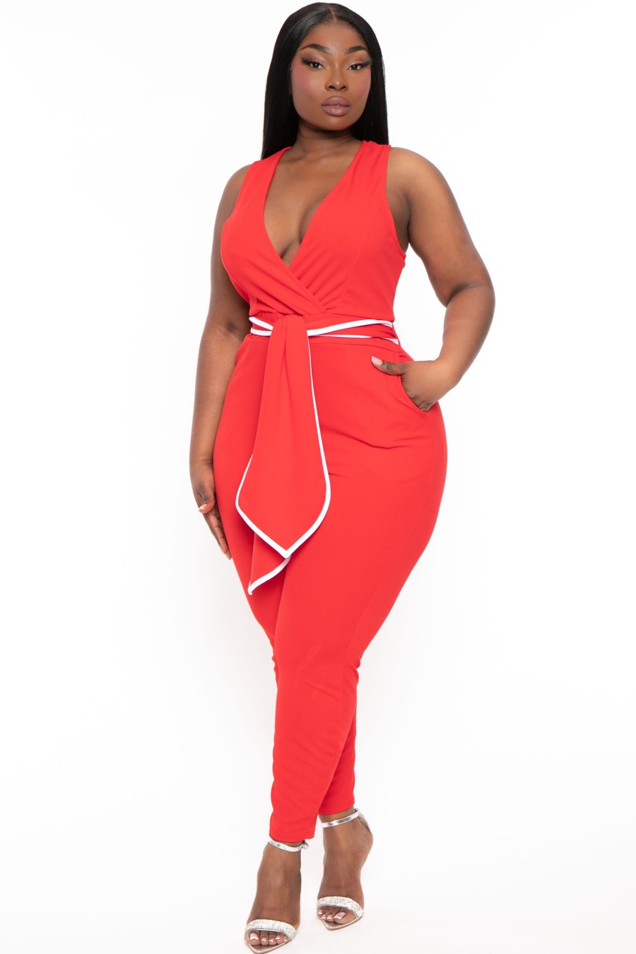 Jumpsuits & Rompers Curvy Sense | Plus Size Marisa Front Tie Jumpsuit Red