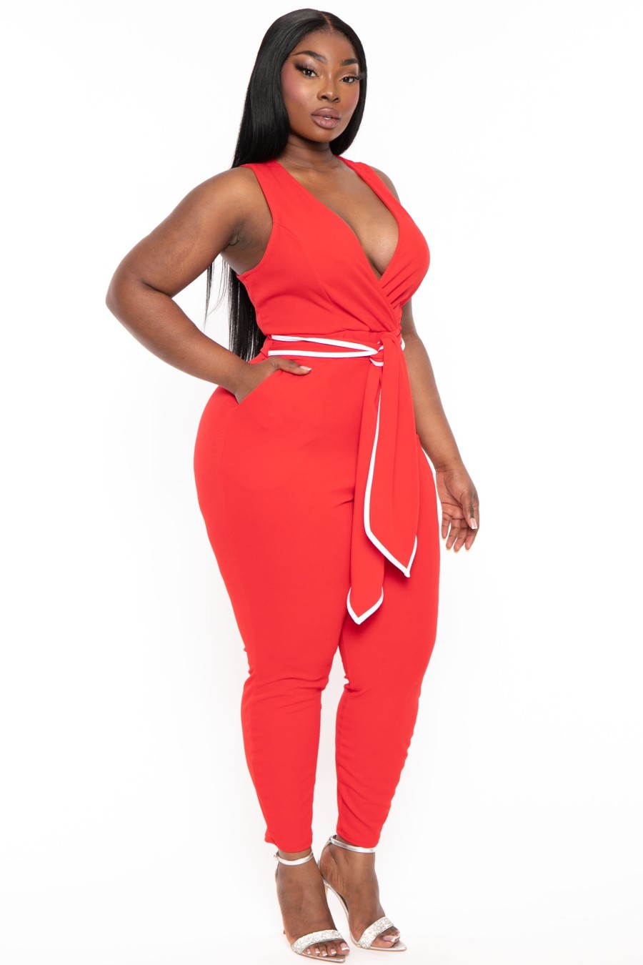 Jumpsuits & Rompers Curvy Sense | Plus Size Marisa Front Tie Jumpsuit Red