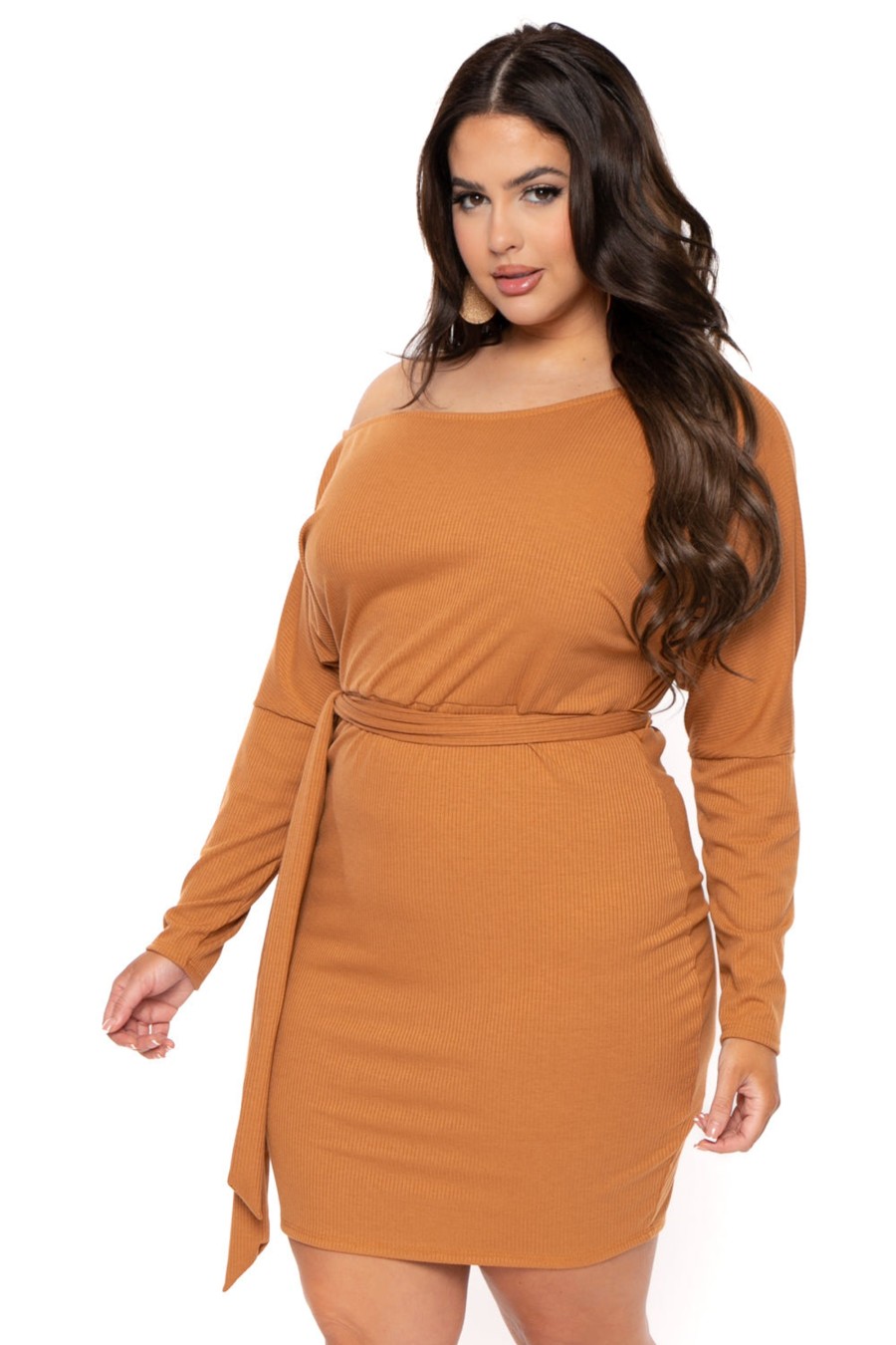 Dresses Curvy Sense | Plus Size Zinnia Off Shoulder Ribbed Dress Camel