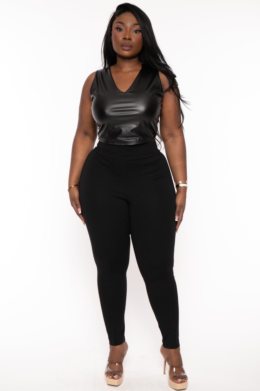 Bottoms Curvy Sense | Plus Size Belleann High Waist Ponti Leggings Black