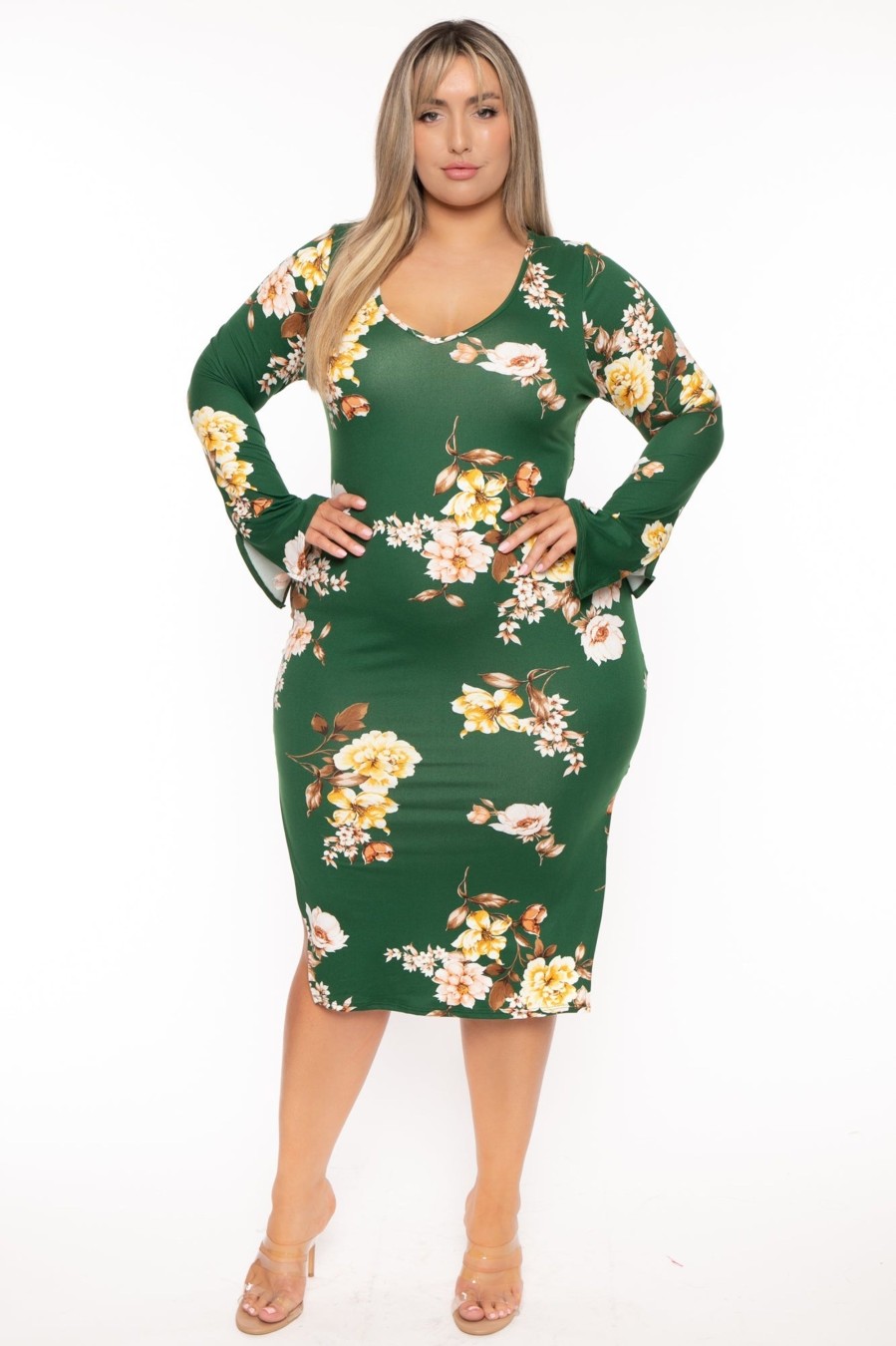 Dresses Curvy Sense | Plus Size Adeline Floral Midi Dress Green