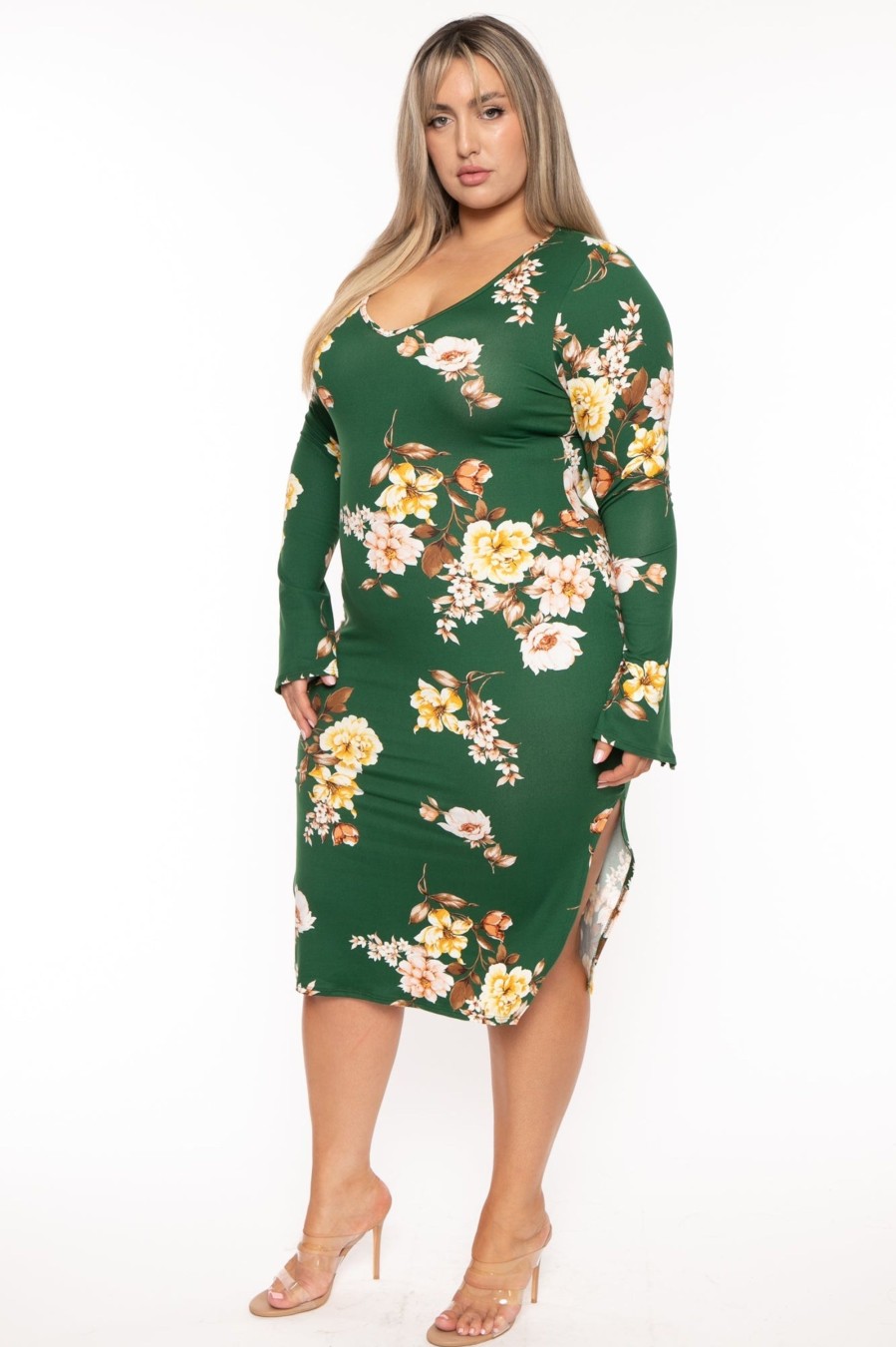 Dresses Curvy Sense | Plus Size Adeline Floral Midi Dress Green