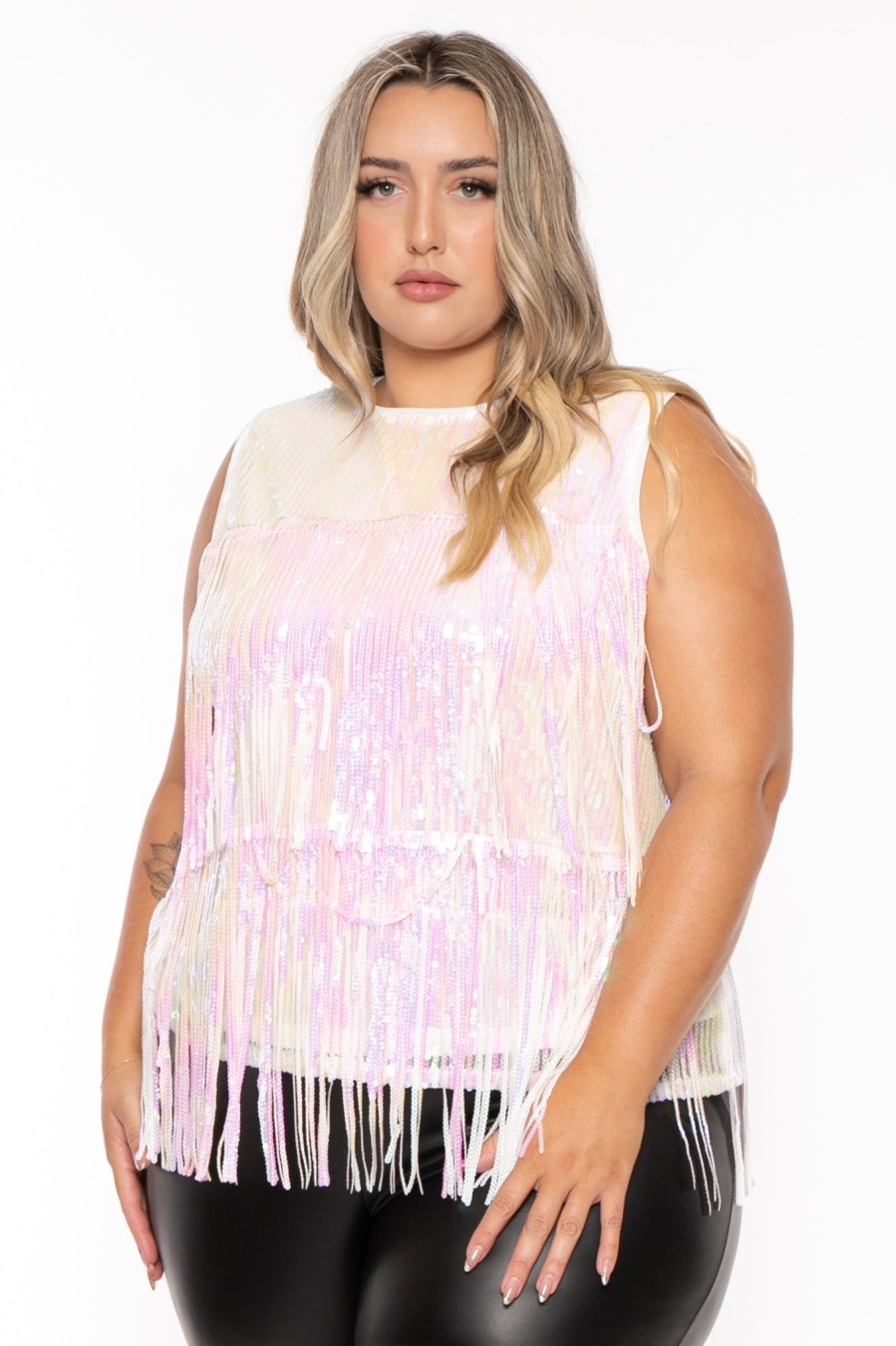 Tops Davi u0026 Dani | Plus Size Lasha Sequin Fringe Top White