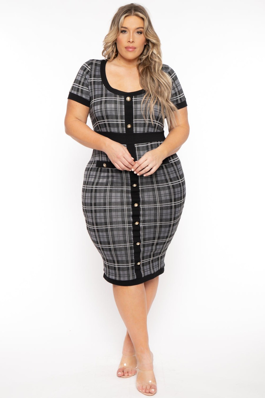 Dresses Curvy Sense | Plus Size Penelope Plaid Midi Dress Grey