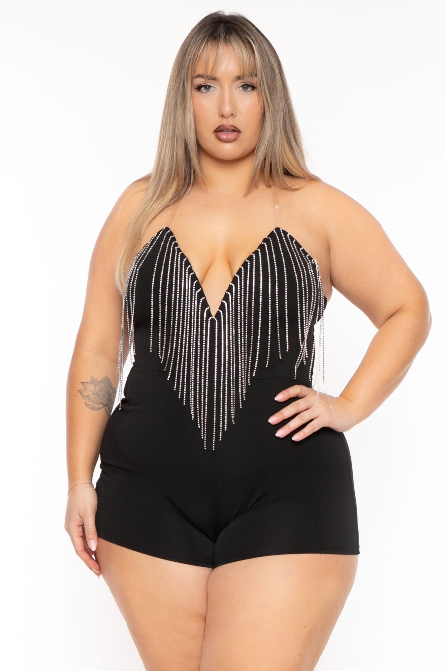 Jumpsuits & Rompers Aria Romance | Plus Size Krista Rhinestone Fringe Romper Black