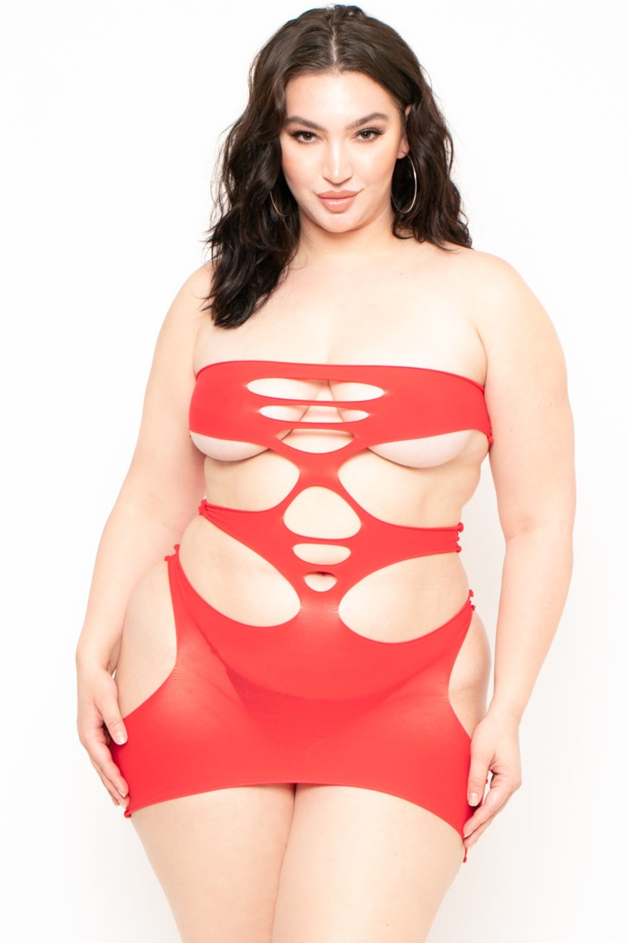 Intimates Smile Lingerie | Plus Size Cutout Bodystocking Lingerie Red