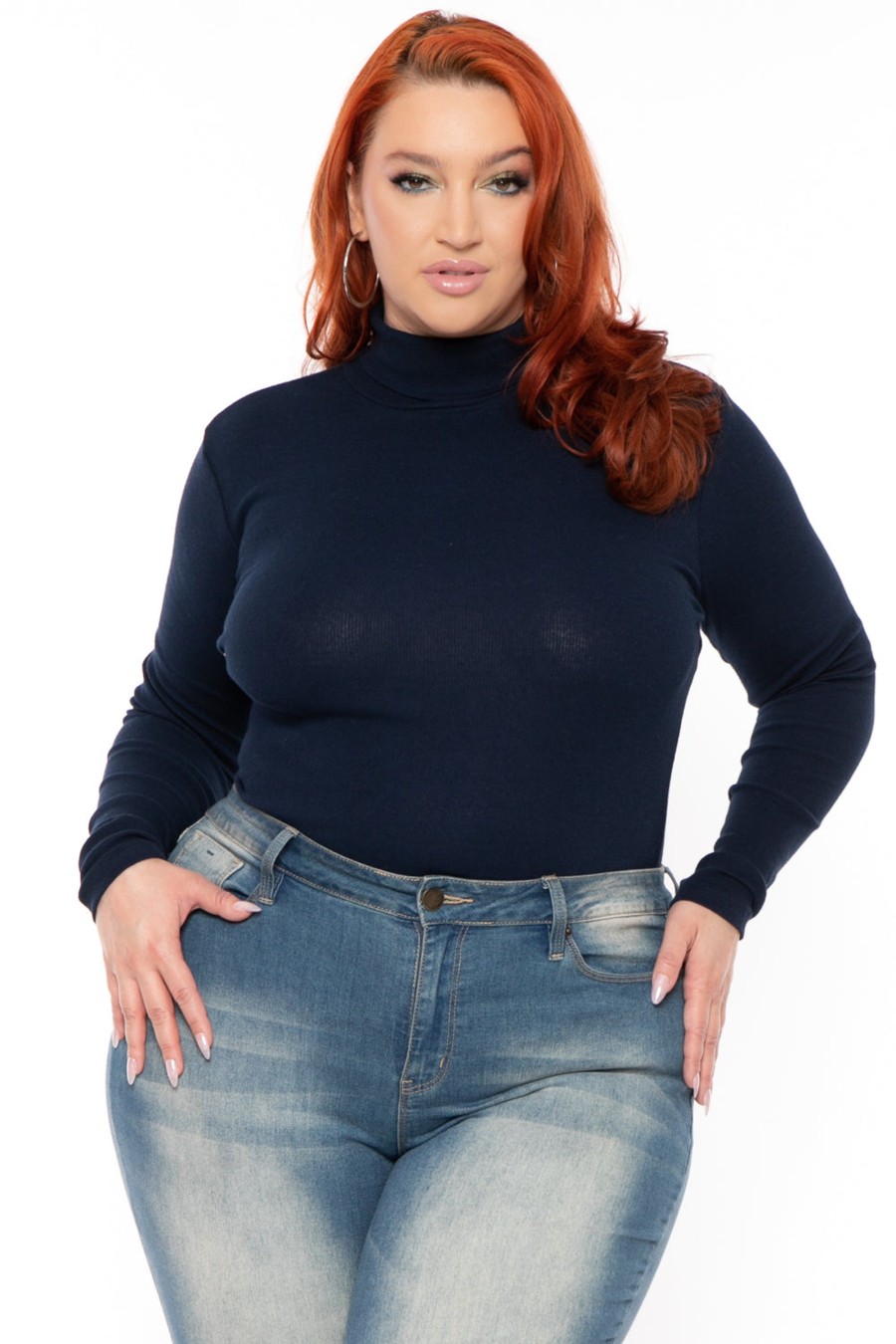 Tops Ambiance | Plus Size Ribbed Turtleneck Top Navy