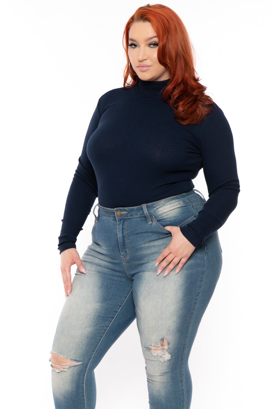 Tops Ambiance | Plus Size Ribbed Turtleneck Top Navy