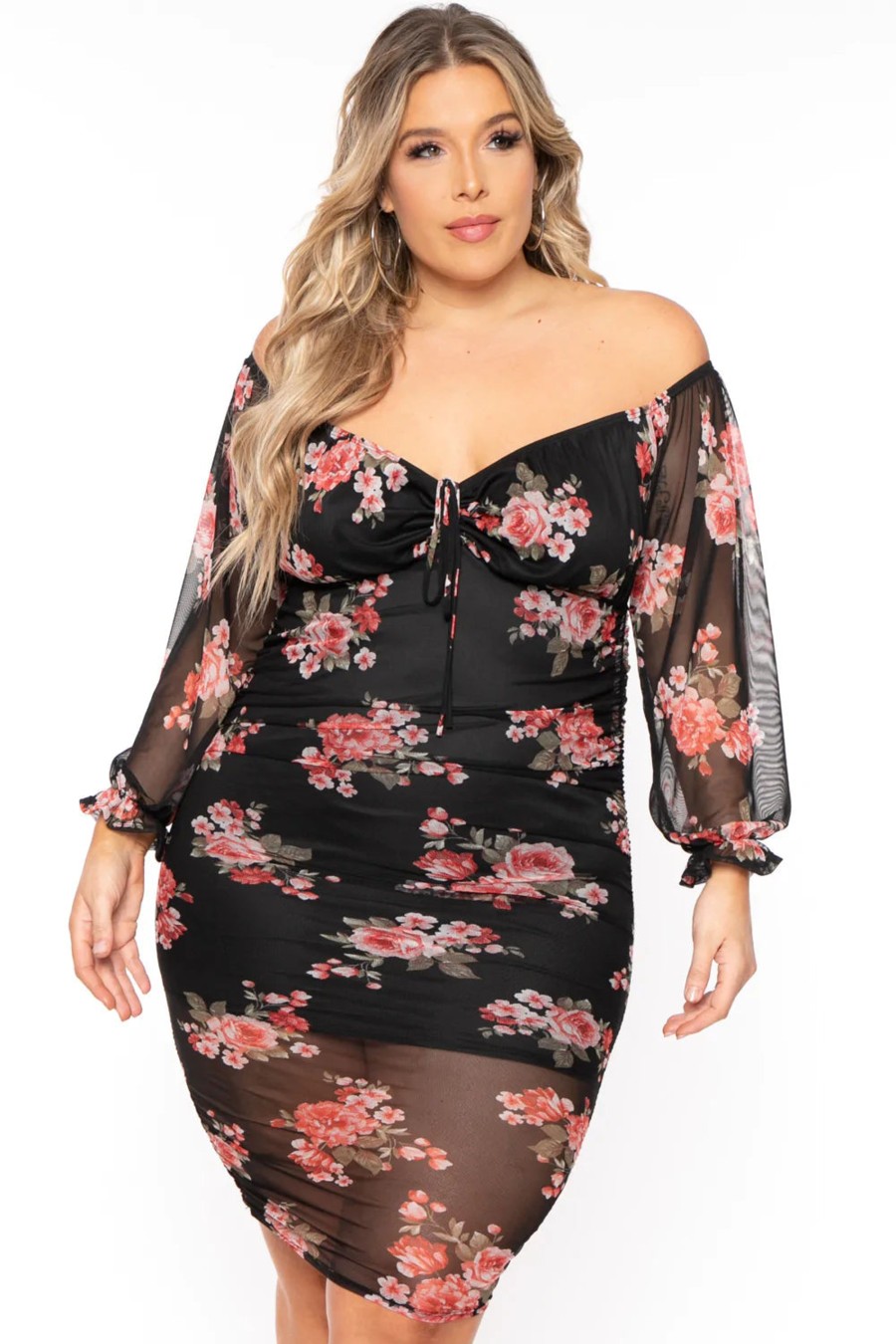 Dresses Curvy Sense | Plus Size Rosie Garden Mesh Bodycon Dress Black