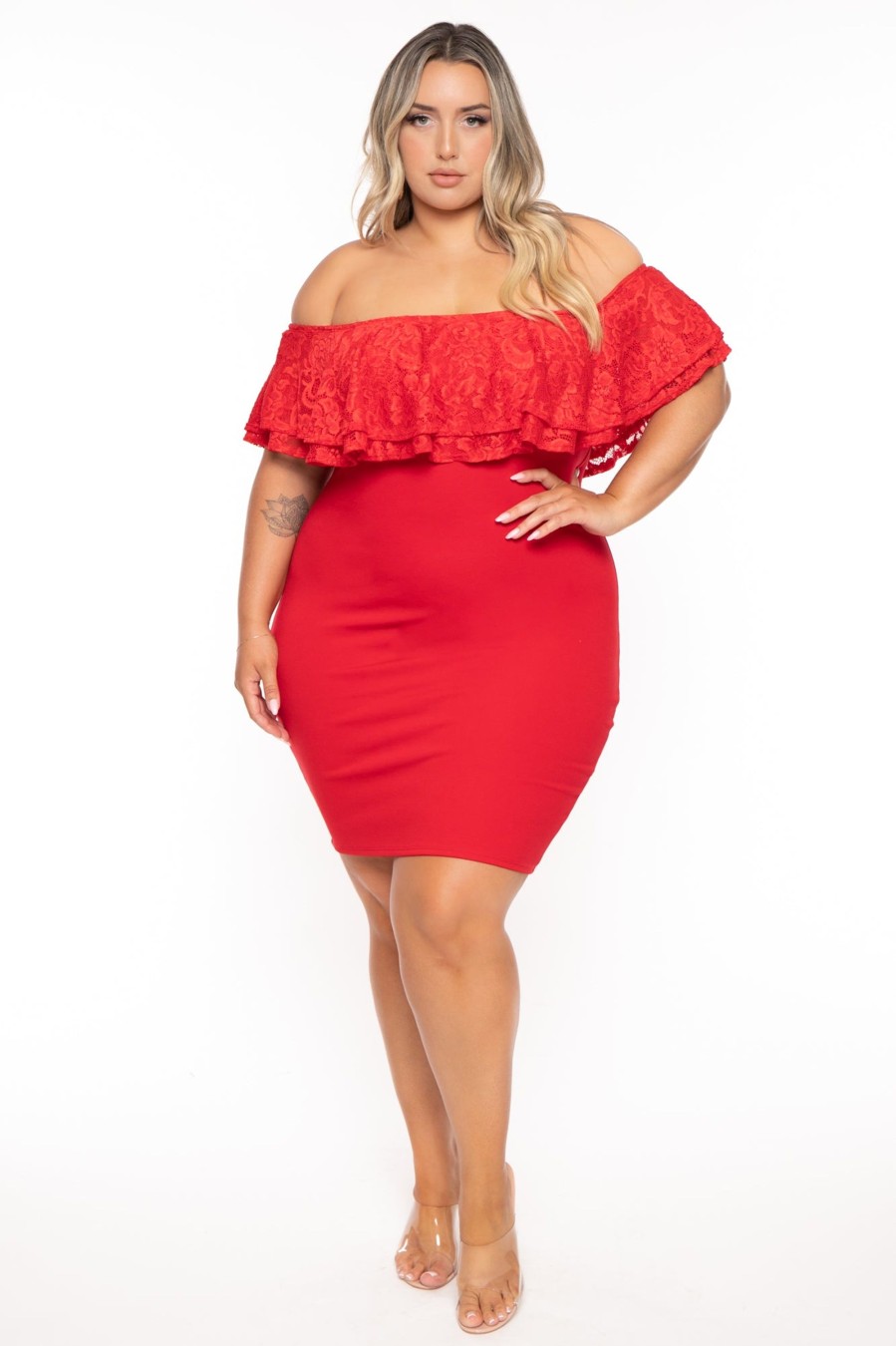 Dresses Curvy Sense | Plus Size Rosalinda Frill Lace Dress Red