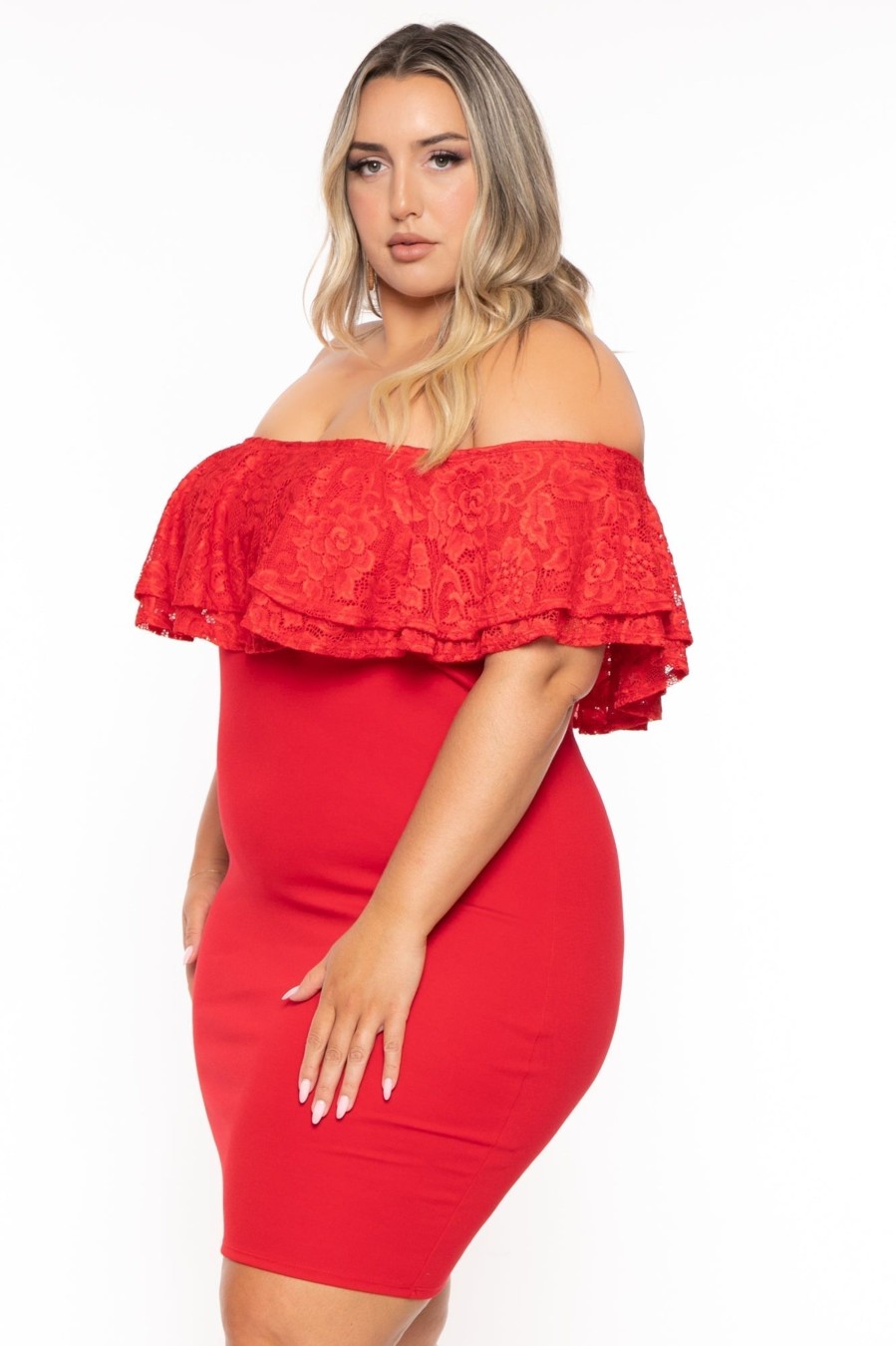 Dresses Curvy Sense | Plus Size Rosalinda Frill Lace Dress Red