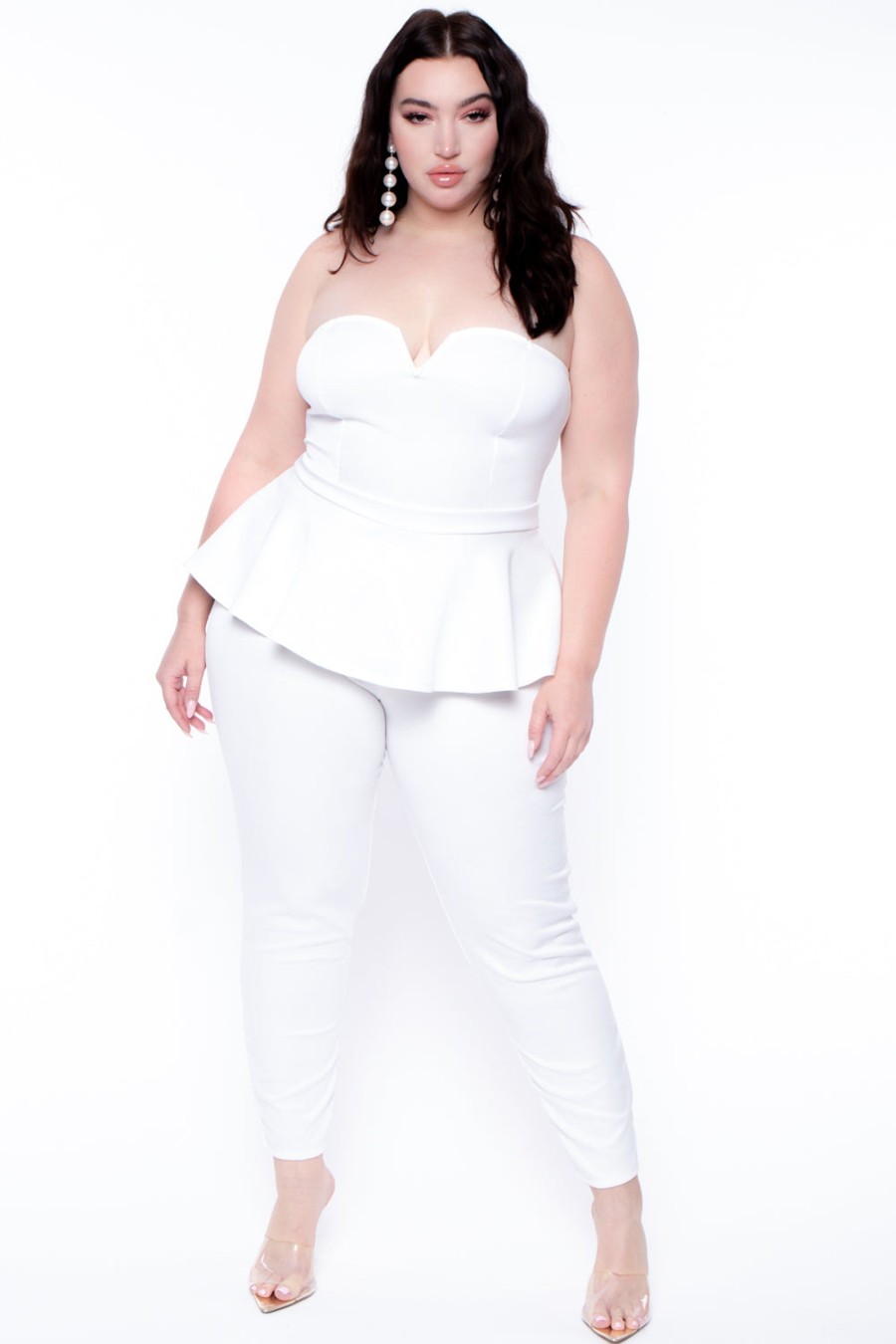 Jumpsuits & Rompers Curvy Sense | Plus Size Peplum Waist Jumpsuit Ivory