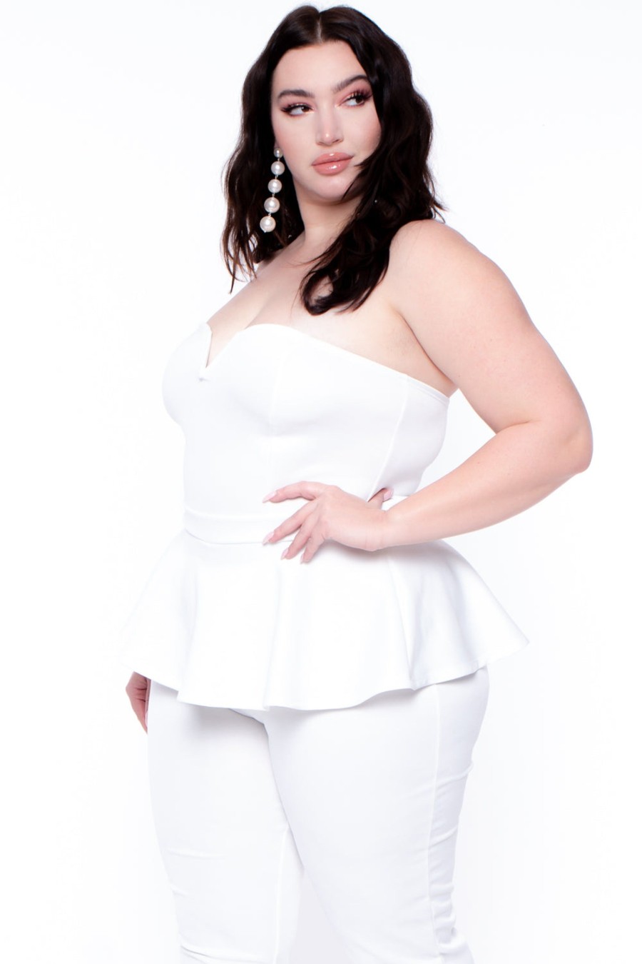 Jumpsuits & Rompers Curvy Sense | Plus Size Peplum Waist Jumpsuit Ivory