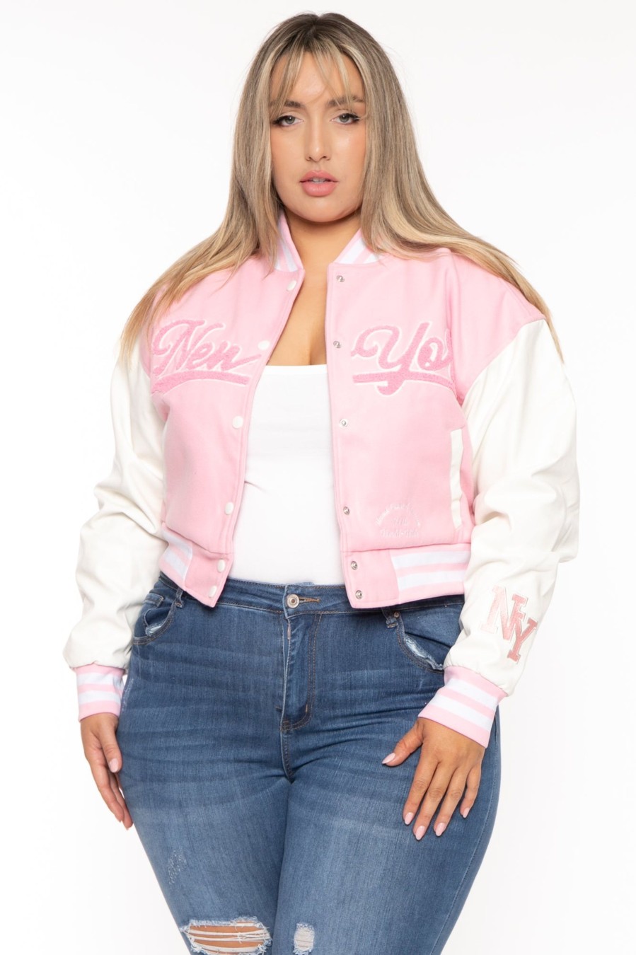 Outerwear American Bazi | Plus Size New York Varsity Crop Jacket Pink/White