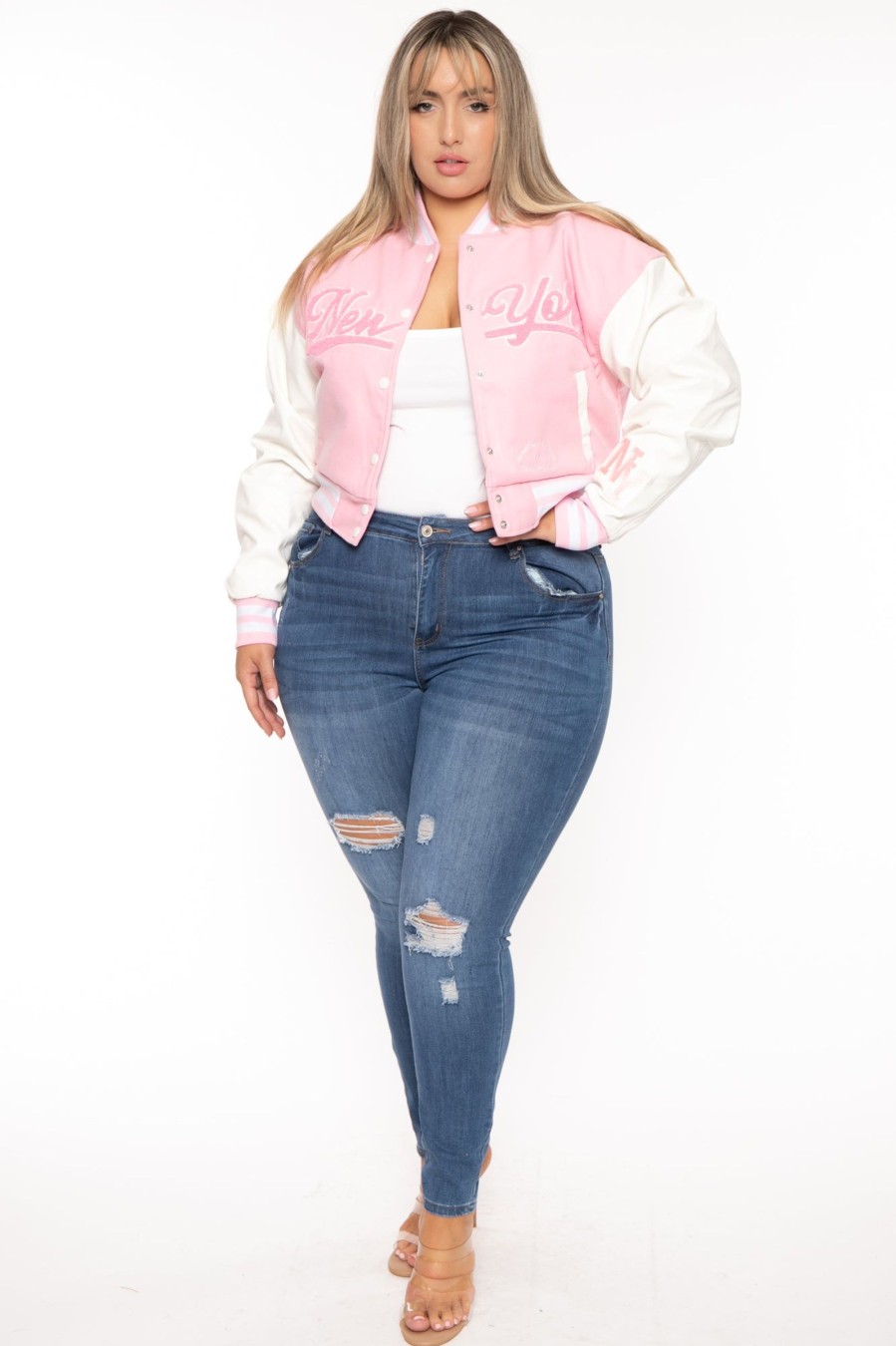 Outerwear American Bazi | Plus Size New York Varsity Crop Jacket Pink/White