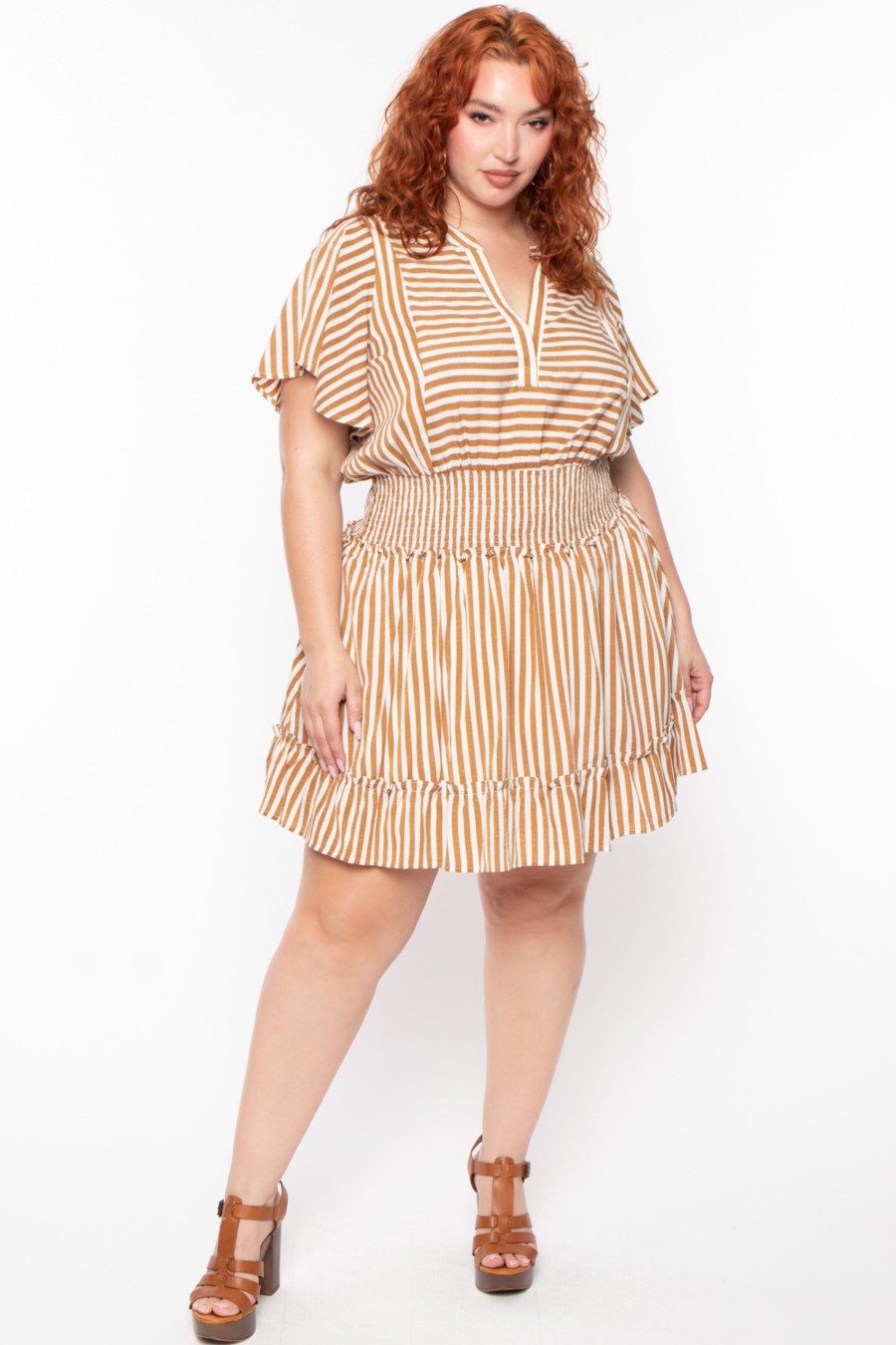 Dresses Davids Place | Plus Size Smocked U0026 Stripe Dress Beige