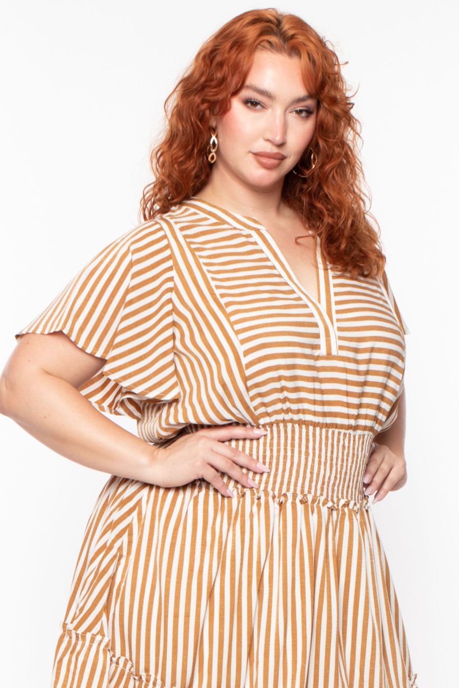 Dresses Davids Place | Plus Size Smocked U0026 Stripe Dress Beige