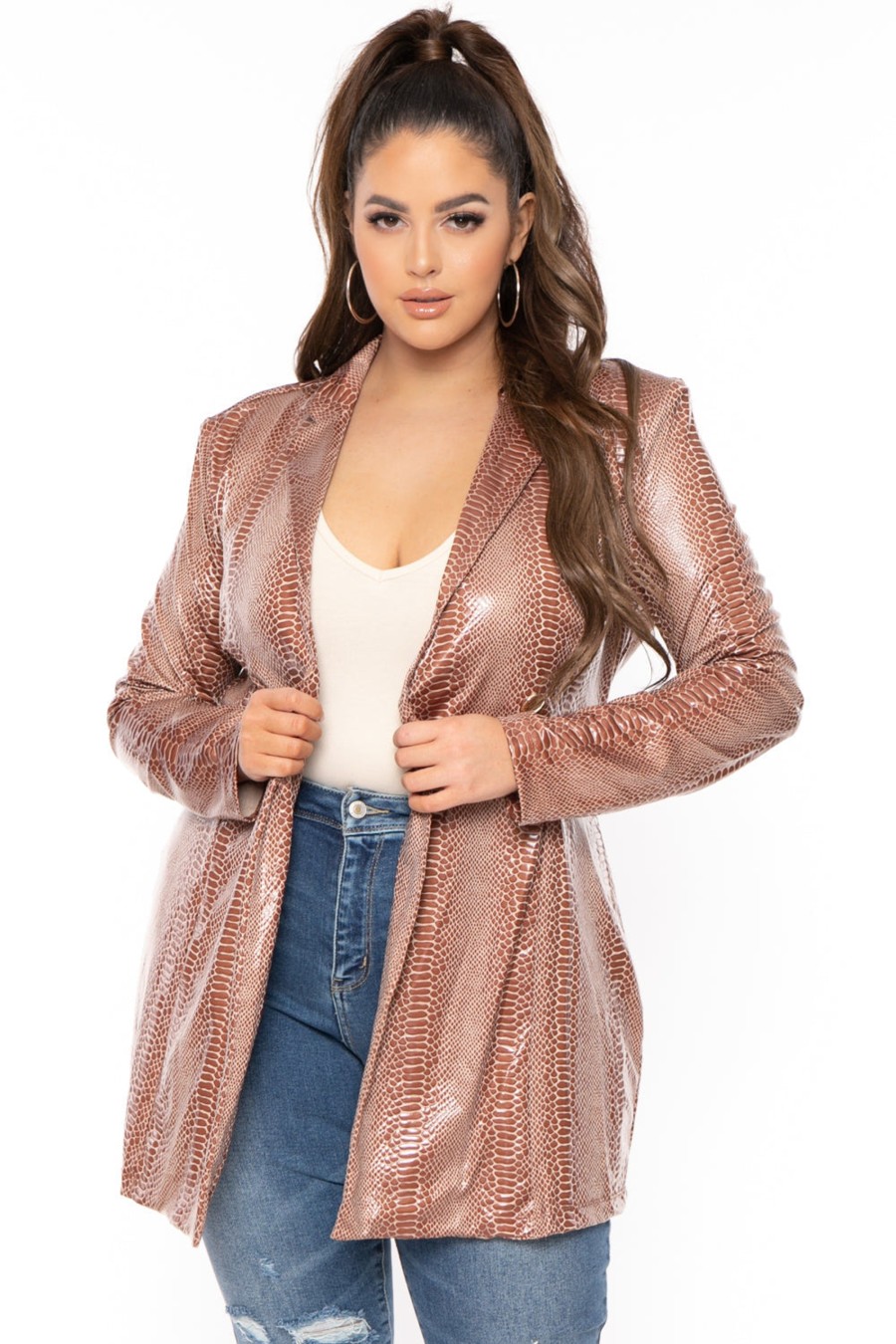 Outerwear GIBIU | Plus Size Faux Crocodile Jacket Camel