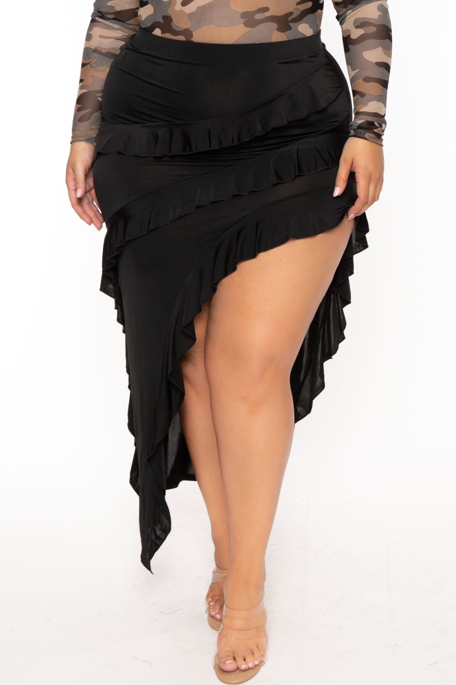 Bottoms K TOO | Plus Size Asymmetric Ruffle Maxi Skirt Black