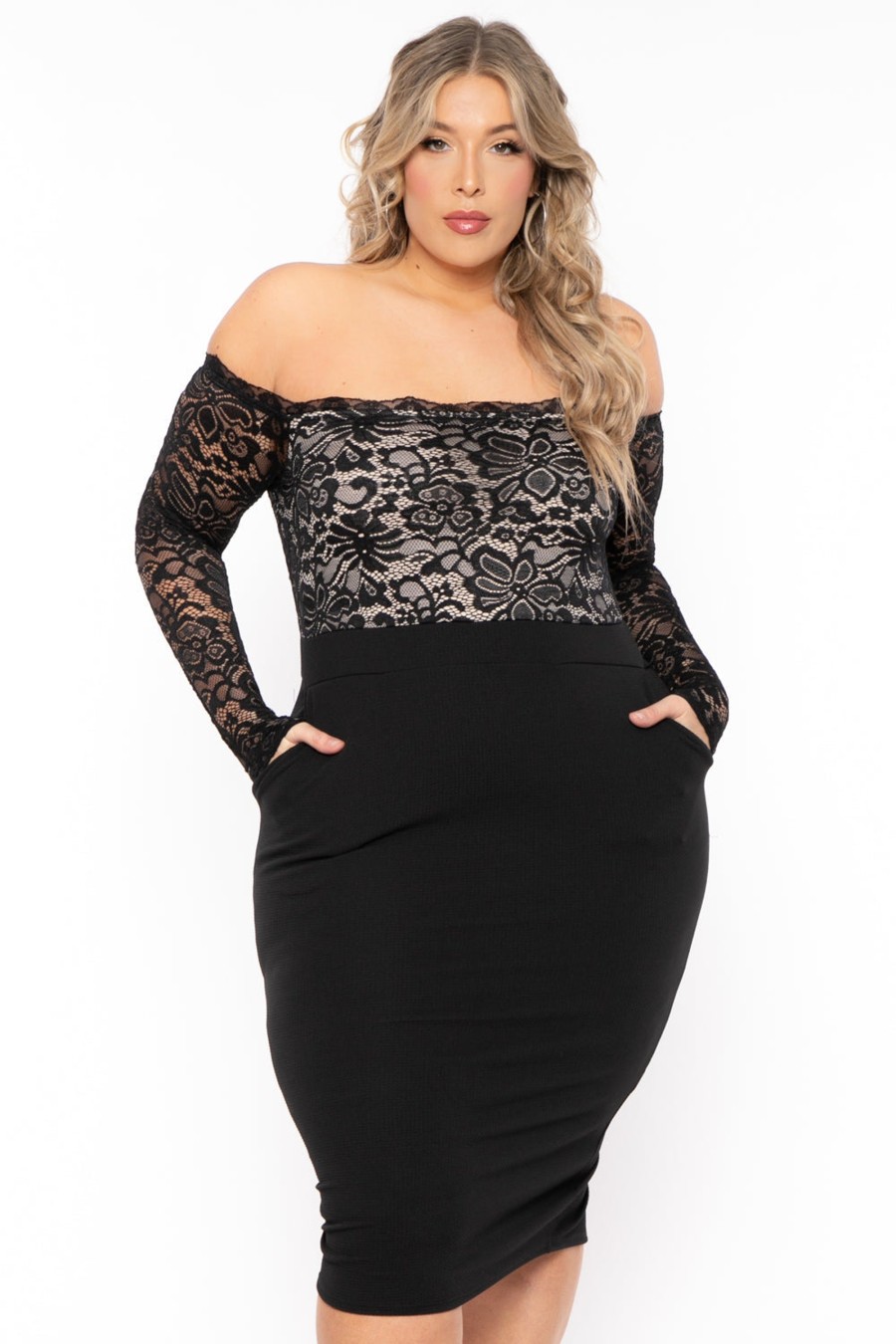 Dresses Curvy Sense | Plus Size Yadira Lace Top Midi Dress Black