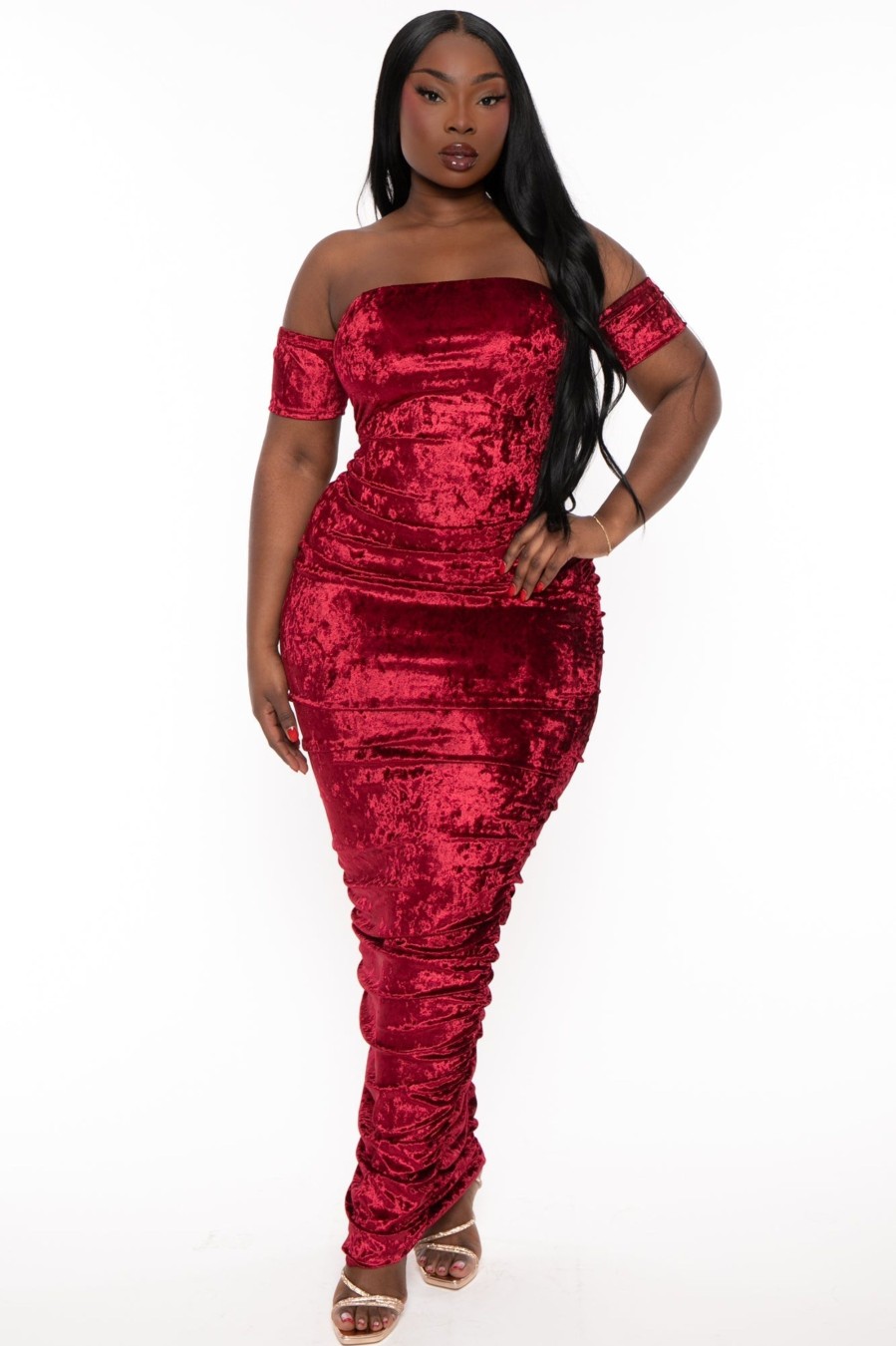 Dresses Curvy Sense | Plus Size Anya Ruched Velour Maxi Dress Burgundy