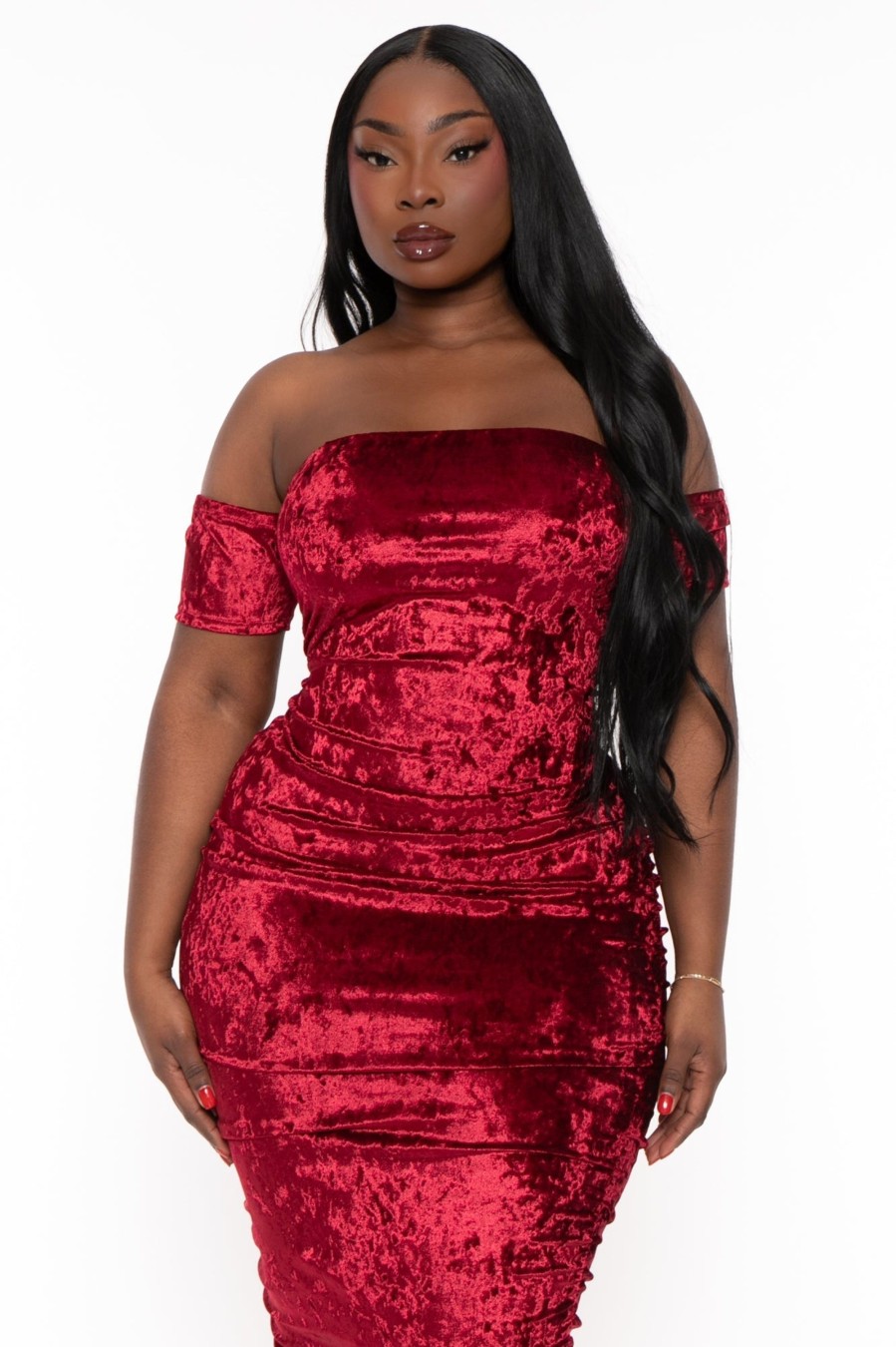 Dresses Curvy Sense | Plus Size Anya Ruched Velour Maxi Dress Burgundy