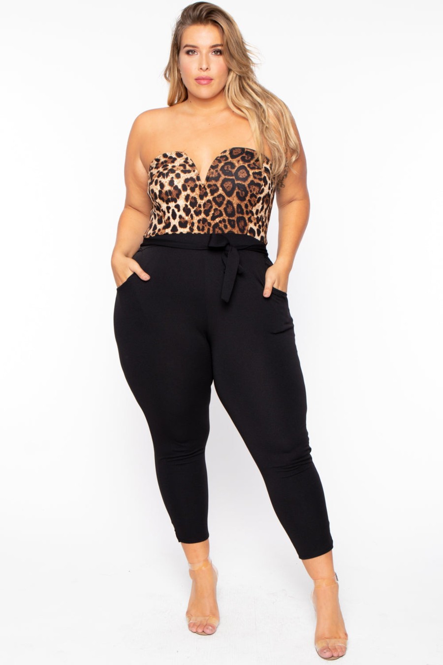 Jumpsuits & Rompers Curvy Sense | Plus Size Nova Leopard Top Jumpsuit Black