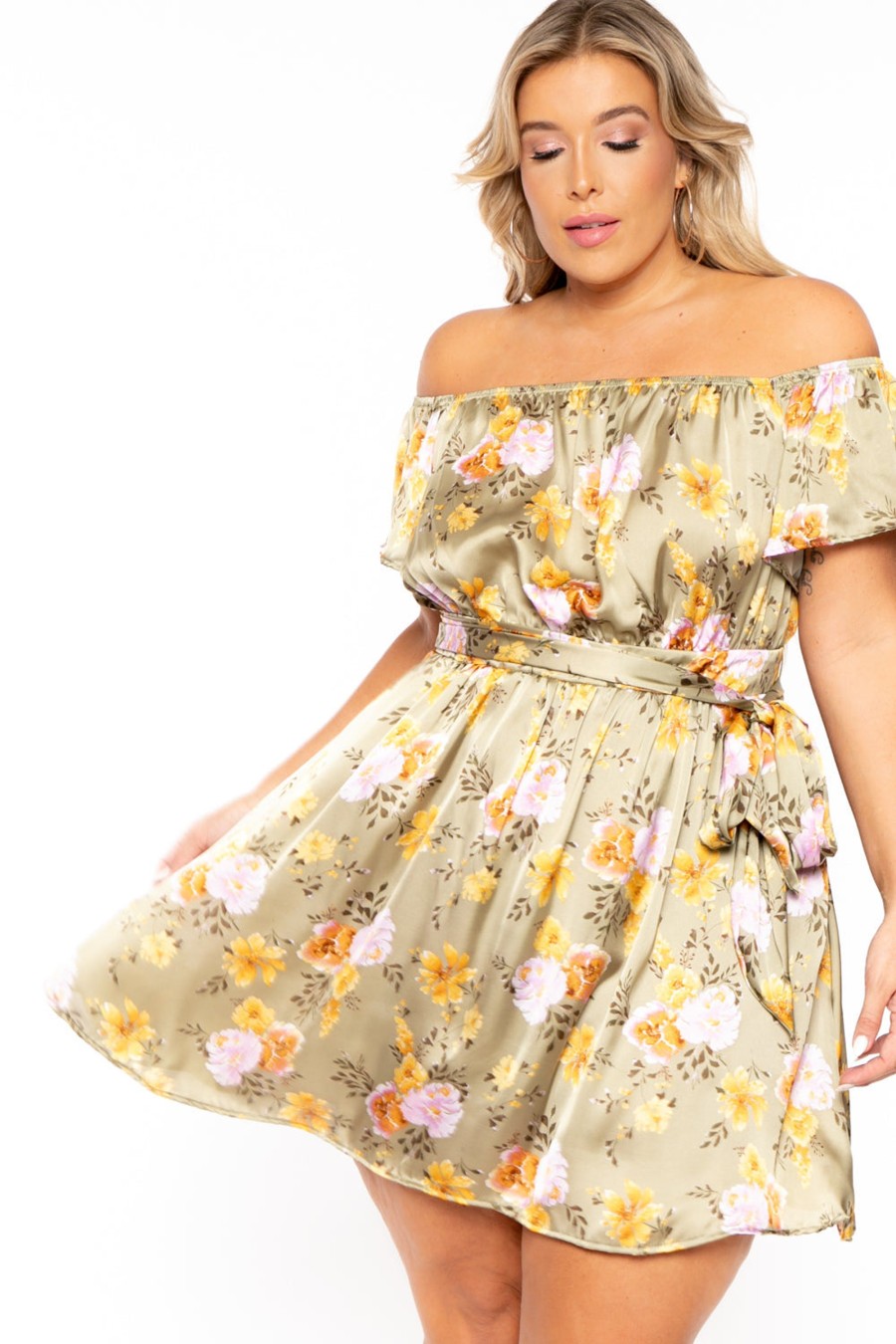 Dresses Curvy Sense | Plus Size Savannah Satin Off The Shoulder Dress Olive