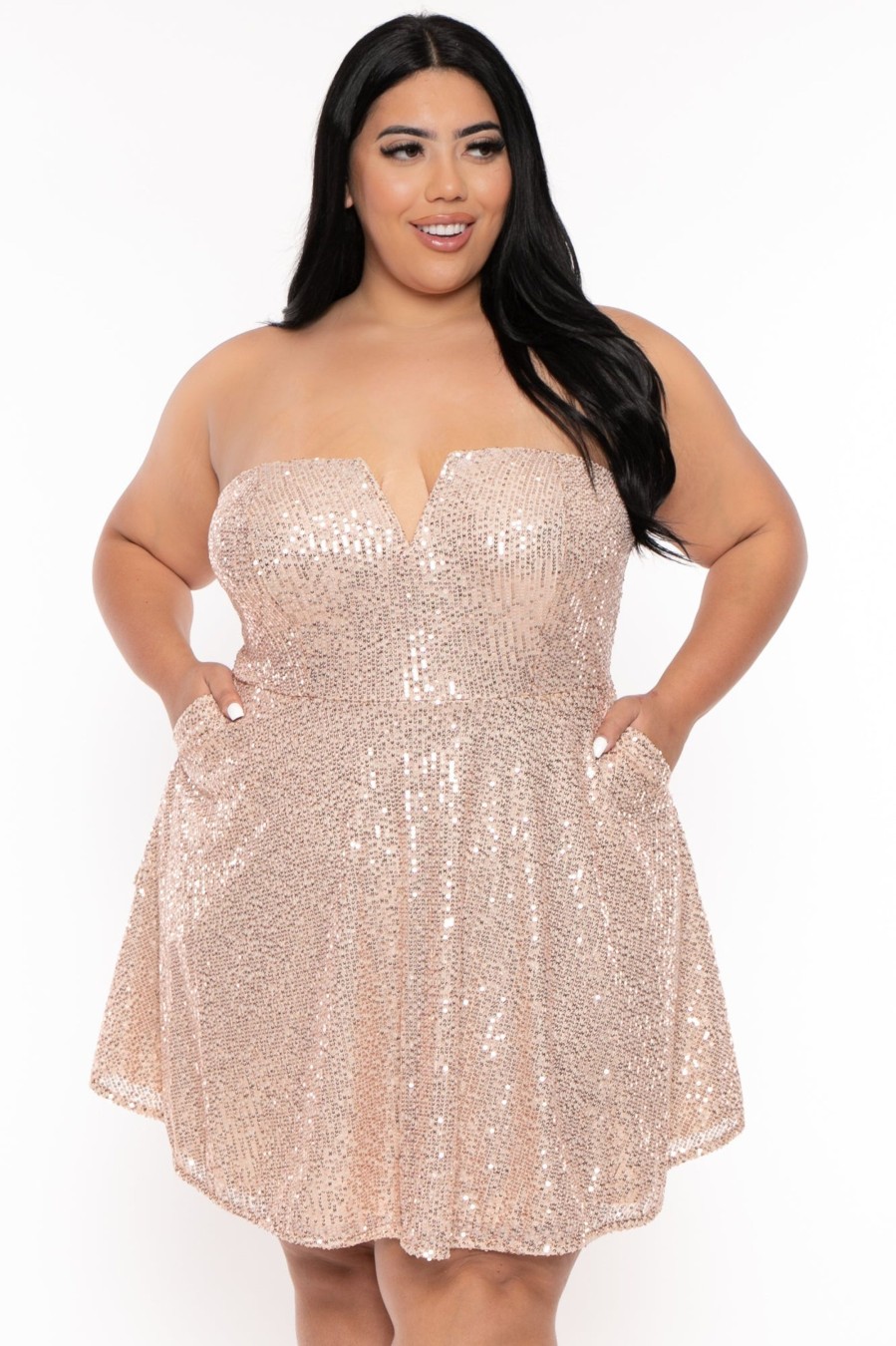 Dresses Curvy Sense | Plus Size Evanna Flare Sequin Dress Gold