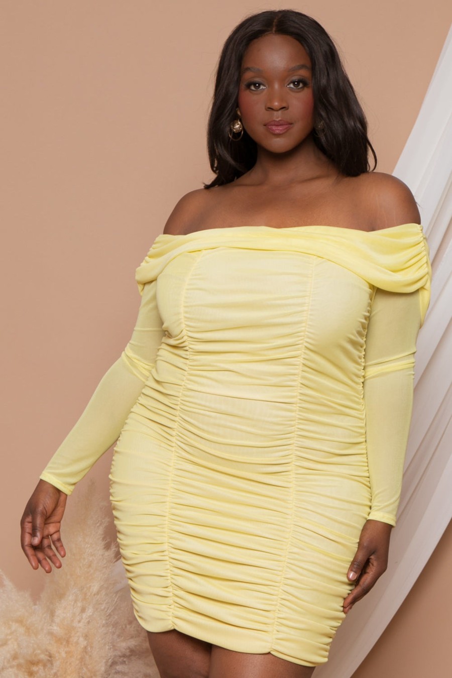 Dresses Curvy Sense | Plus Size Adriana Ruched Bodycon Dress Yellow