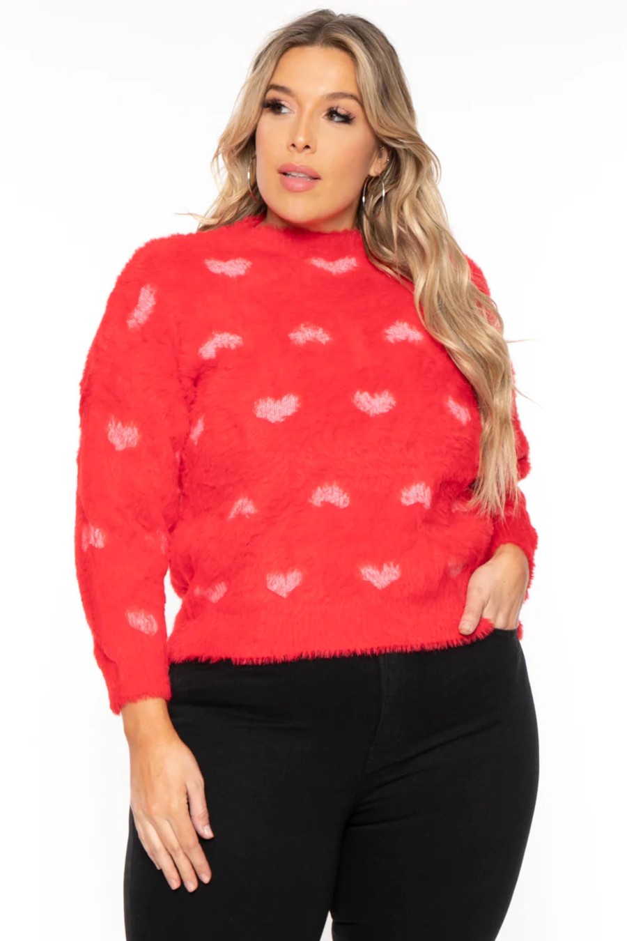 Tops Sweet Generis | Plus Size Fuzzy Heart Sweater Red