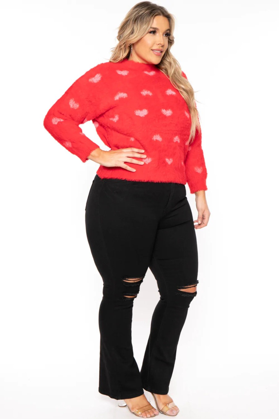 Tops Sweet Generis | Plus Size Fuzzy Heart Sweater Red