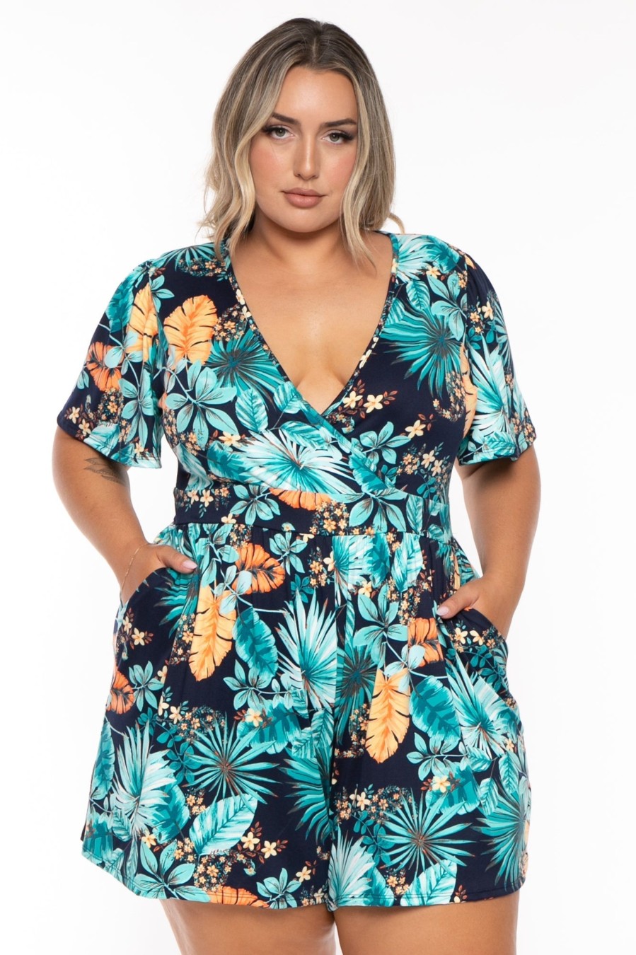 Jumpsuits & Rompers Curvy Sense | Plus Size Brianna Surplice Printed Romper Navy