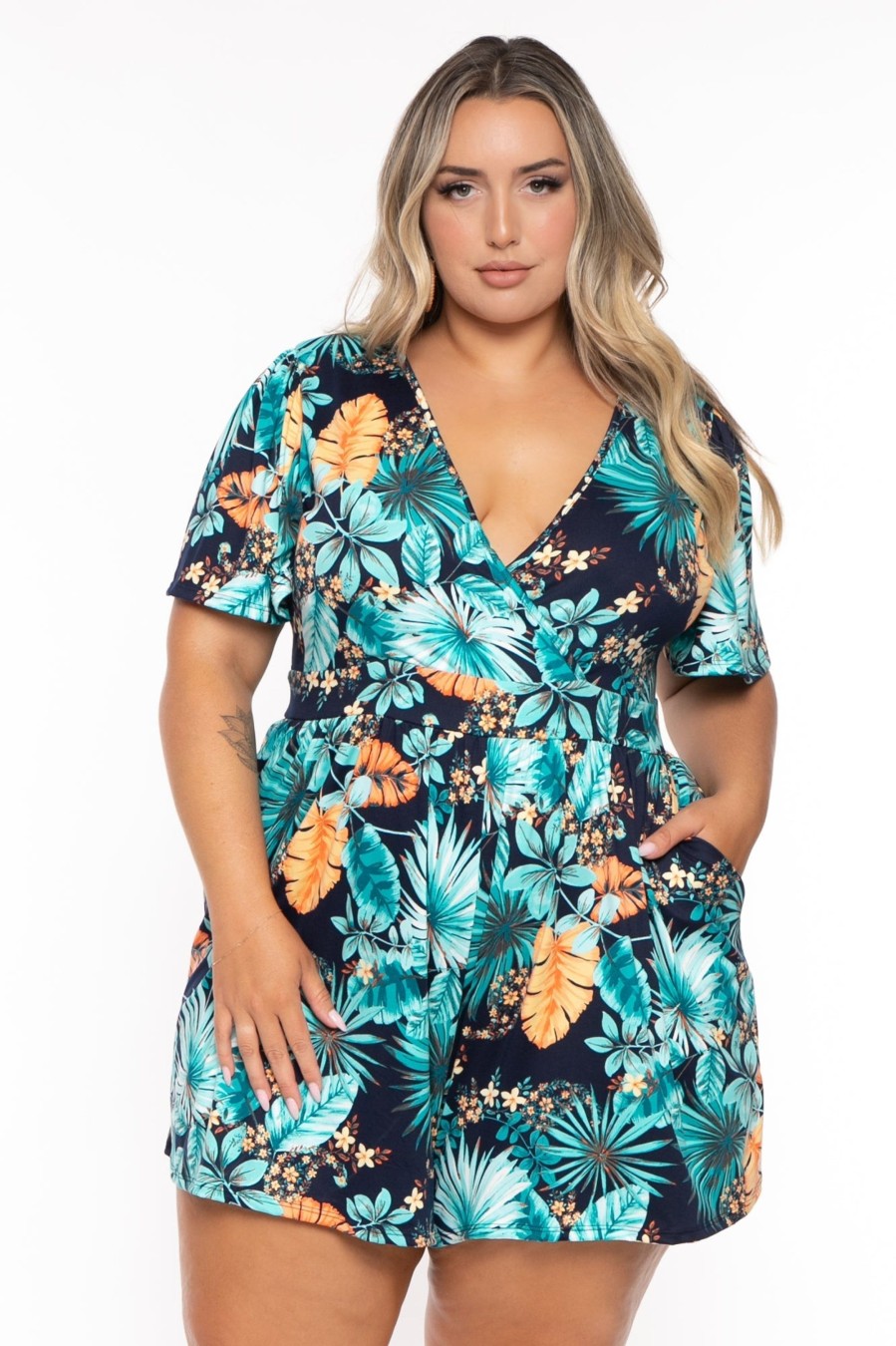 Jumpsuits & Rompers Curvy Sense | Plus Size Brianna Surplice Printed Romper Navy