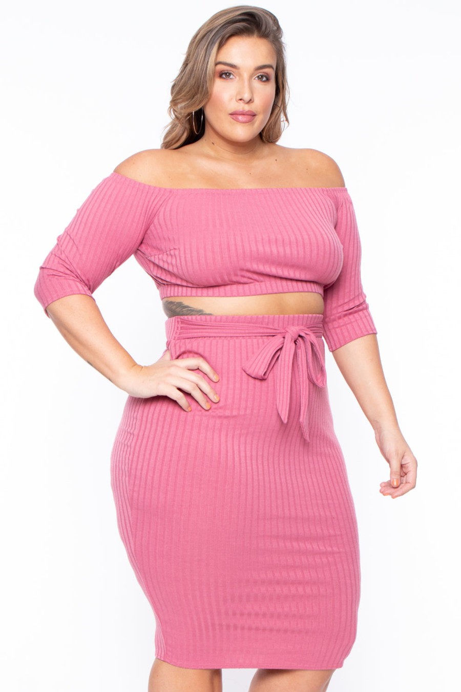 Matching Sets Curvy Sense | Plus Size Off The Shoulder Matching Set Mauve