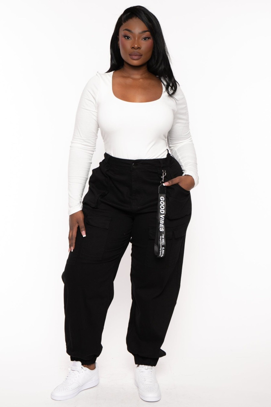 Bottoms American Bazi | Plus Size Good Vibes Multi Pockets Jogger Black