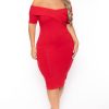 Dresses Curvy Sense | Plus Size Lydia Off The Shoulder Short Sleeve Dress Red