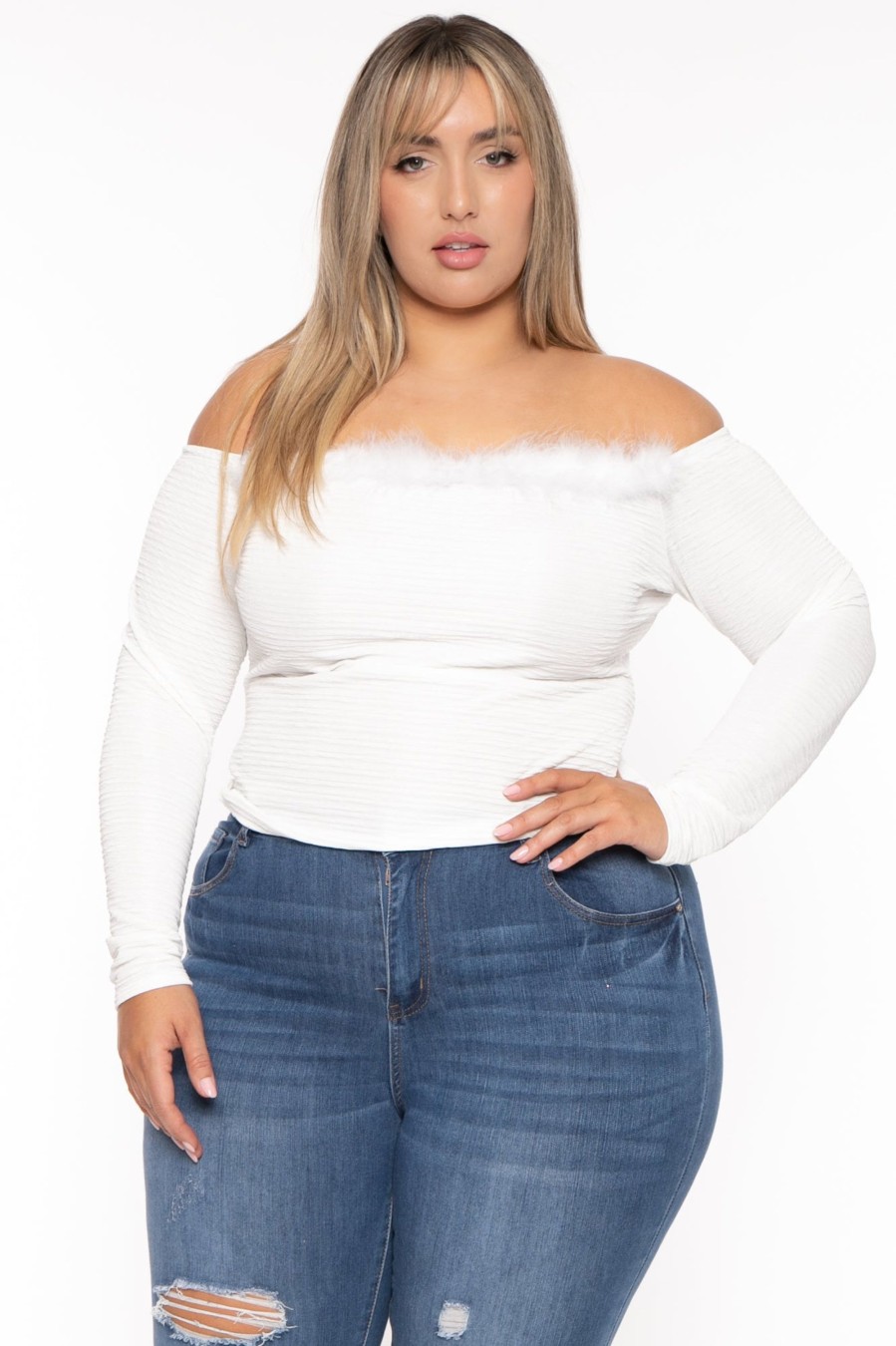 Tops Curvy Sense | Plus Size Vivian Boa Top Ivory