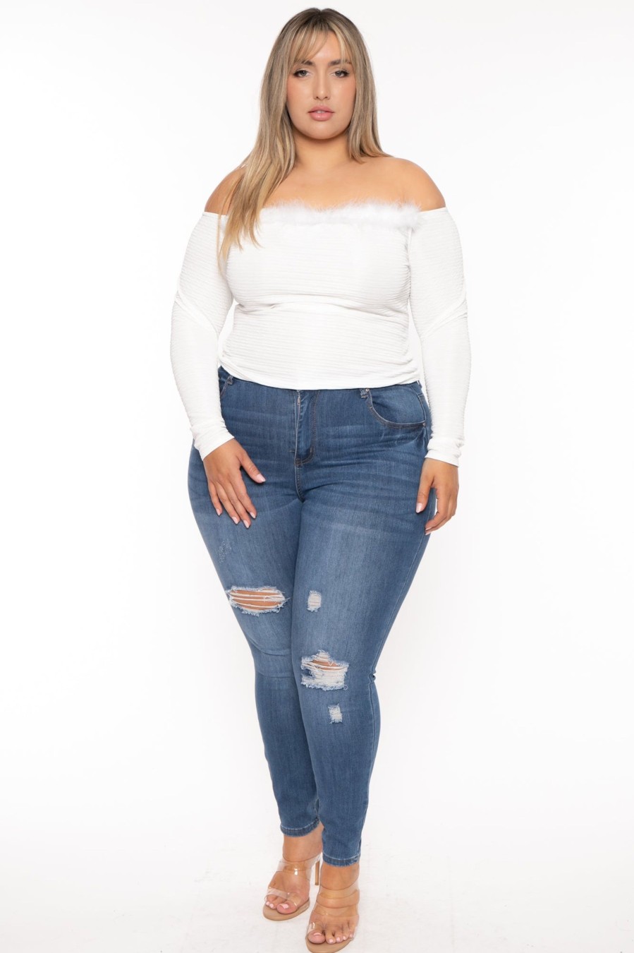 Tops Curvy Sense | Plus Size Vivian Boa Top Ivory