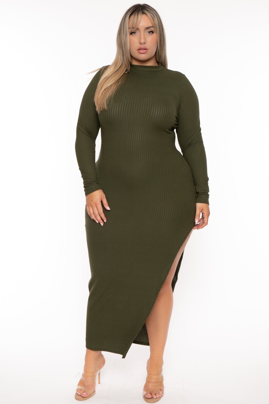 Dresses Curvy Sense | Plus Size Asiah Ribbed Maxi Dress Olive