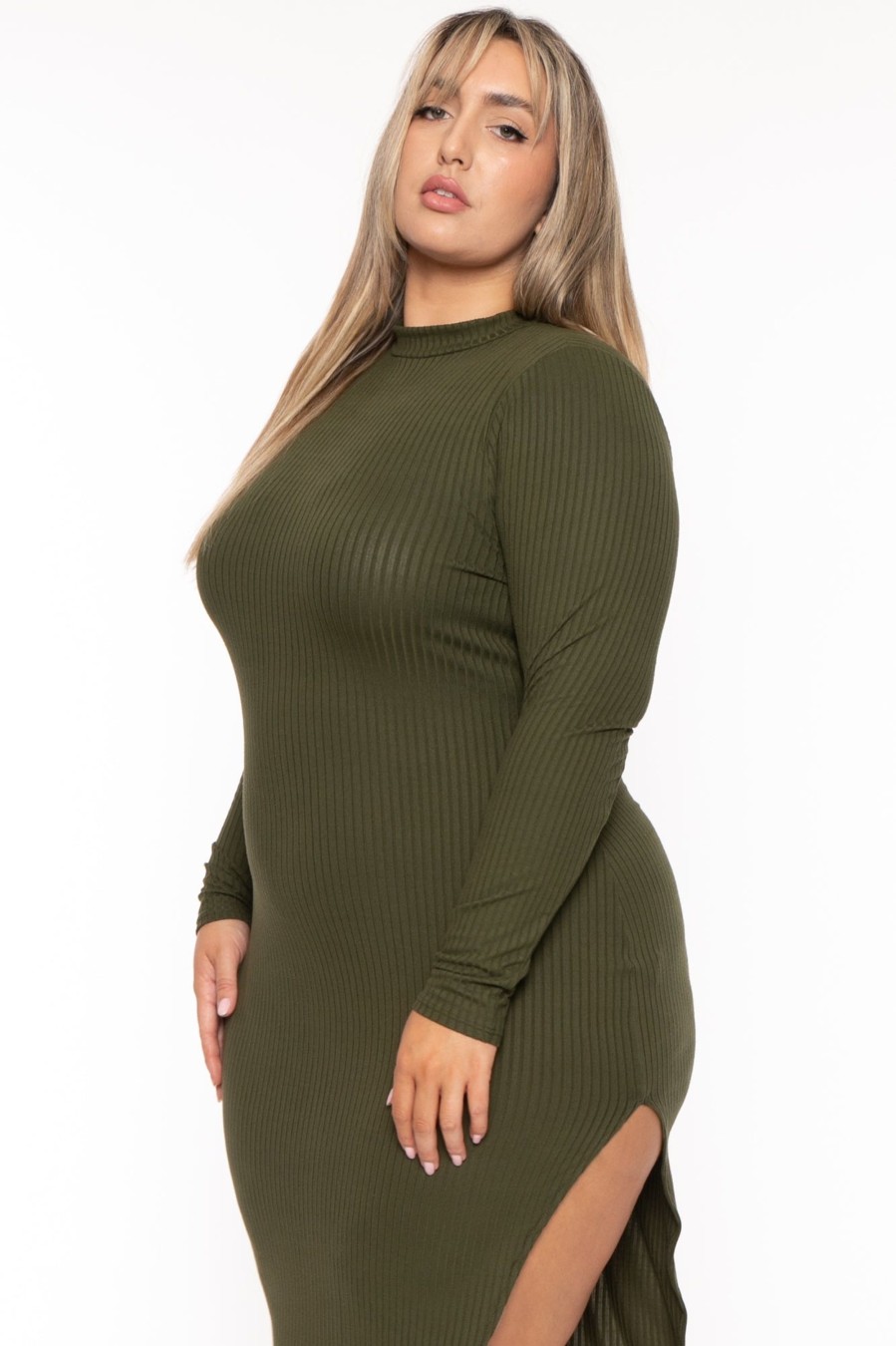 Dresses Curvy Sense | Plus Size Asiah Ribbed Maxi Dress Olive