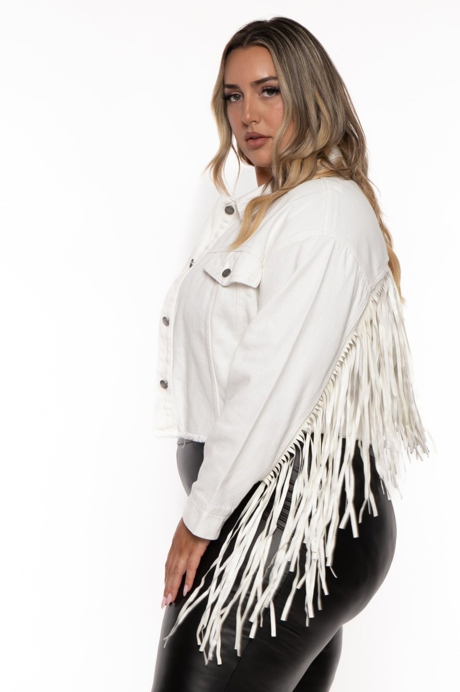 Outerwear Veveret | Plus Size Oli Crop Fringe Denim Jacket White