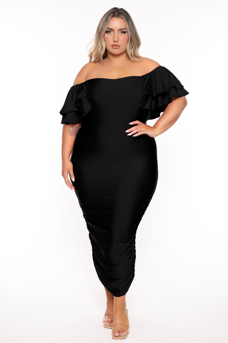 Dresses Gibiu | Plus Size Simona Satin Ruffle Midi Dress Black