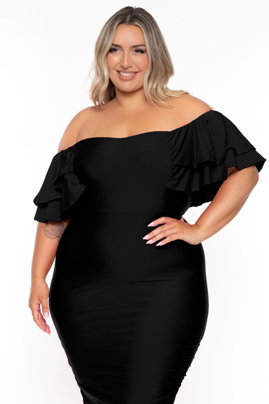 Dresses Gibiu | Plus Size Simona Satin Ruffle Midi Dress Black