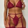 Intimates China | Plus Size Pretty Lace 3 Piece Lingerie Set Deep Red